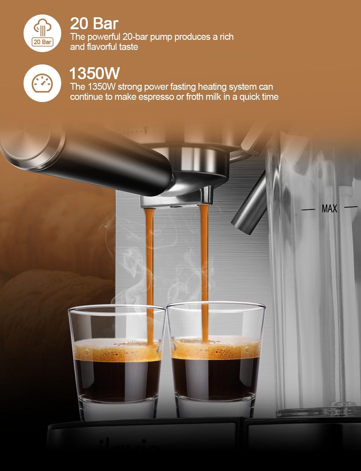 เครื่องชงกาแฟเอสเพรสโซพร้อมเครื่องตีฟองนมอัตโนมัติ 6 in 1 20 บาร์ เครื่องทำกาแฟเอสเพรสโซ คาปูชิโน ลาเต้ พร้อมอ่างเก็บน้ำนมแบบถอดได้ 24 ออนซ์ เหมาะสำหรับใช้ในบ้าน