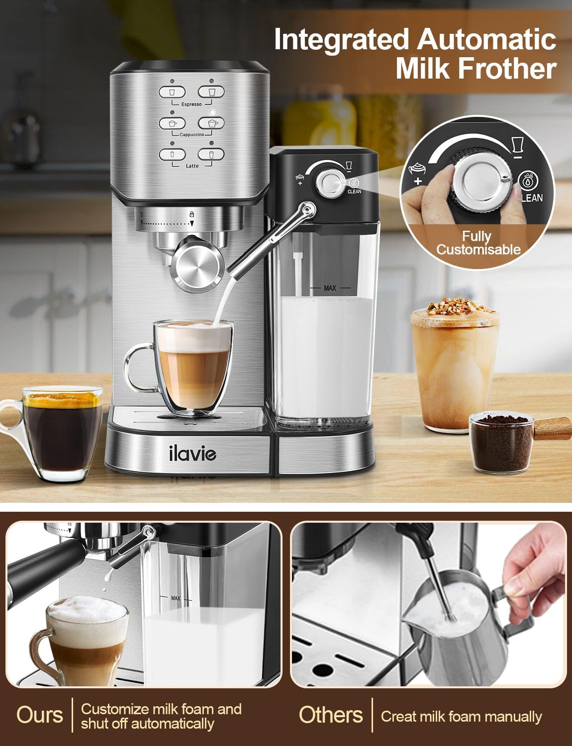 เครื่องชงกาแฟเอสเพรสโซพร้อมเครื่องตีฟองนมอัตโนมัติ 6 in 1 20 บาร์ เครื่องทำกาแฟเอสเพรสโซ คาปูชิโน ลาเต้ พร้อมอ่างเก็บน้ำนมแบบถอดได้ 24 ออนซ์ เหมาะสำหรับใช้ในบ้าน