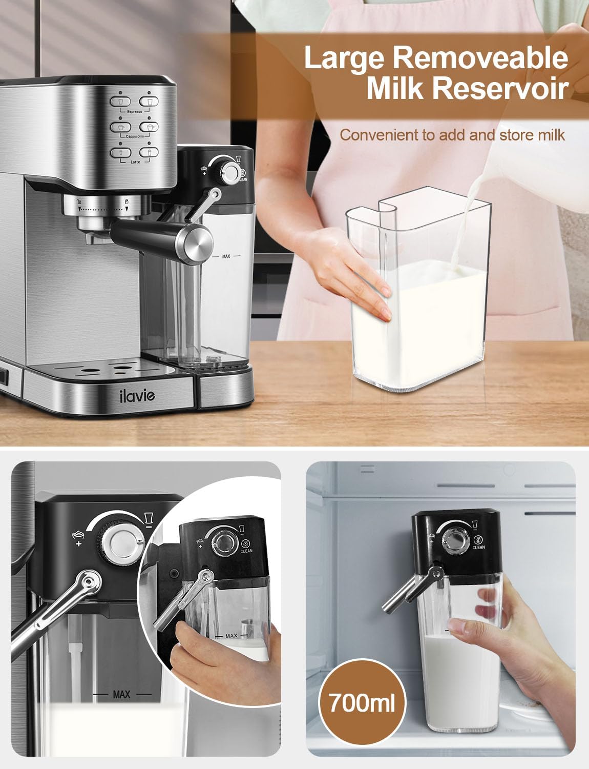 เครื่องชงกาแฟเอสเพรสโซพร้อมเครื่องตีฟองนมอัตโนมัติ 6 in 1 20 บาร์ เครื่องทำกาแฟเอสเพรสโซ คาปูชิโน ลาเต้ พร้อมอ่างเก็บน้ำนมแบบถอดได้ 24 ออนซ์ เหมาะสำหรับใช้ในบ้าน