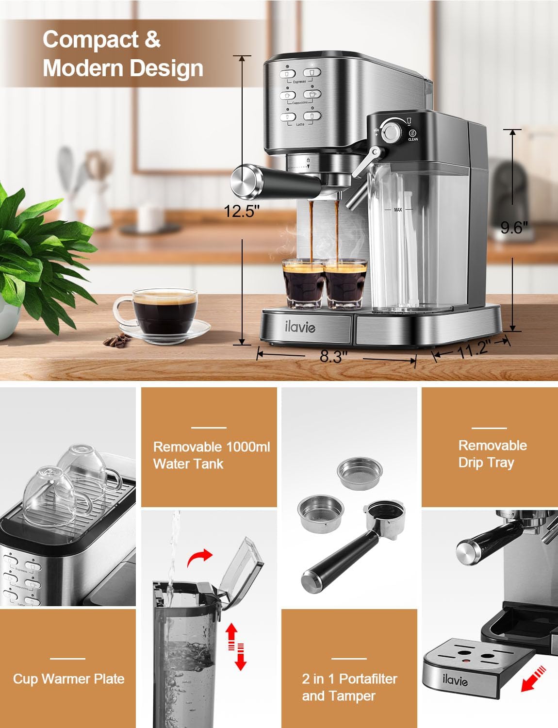 เครื่องชงกาแฟเอสเพรสโซพร้อมเครื่องตีฟองนมอัตโนมัติ 6 in 1 20 บาร์ เครื่องทำกาแฟเอสเพรสโซ คาปูชิโน ลาเต้ พร้อมอ่างเก็บน้ำนมแบบถอดได้ 24 ออนซ์ เหมาะสำหรับใช้ในบ้าน