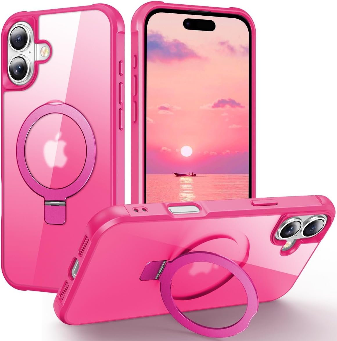 Magnetic Invisible Ring for iPhone 16 Case, [Compatible with MagSafe], [Military Grade Shockproof], Slim Shockproof Translucent Matte Protective Phone Cover for iPhone 16, Hot Pink