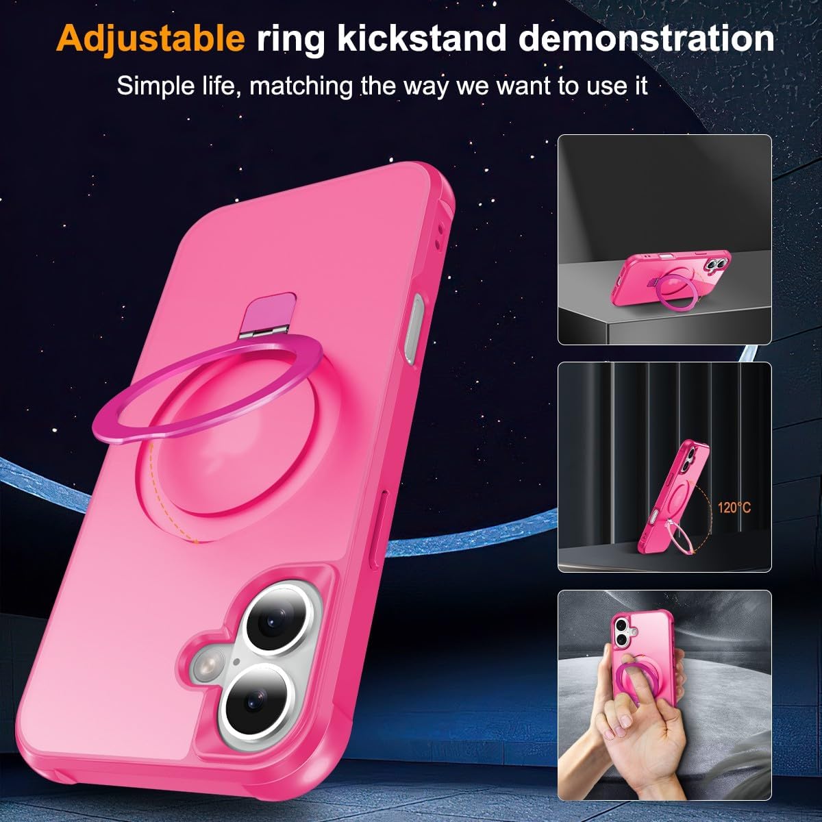 Magnetic Invisible Ring for iPhone 16 Case, [Compatible with MagSafe], [Military Grade Shockproof], Slim Shockproof Translucent Matte Protective Phone Cover for iPhone 16, Hot Pink