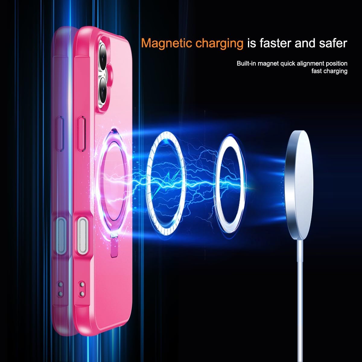 Magnetic Invisible Ring for iPhone 16 Case, [Compatible with MagSafe], [Military Grade Shockproof], Slim Shockproof Translucent Matte Protective Phone Cover for iPhone 16, Hot Pink