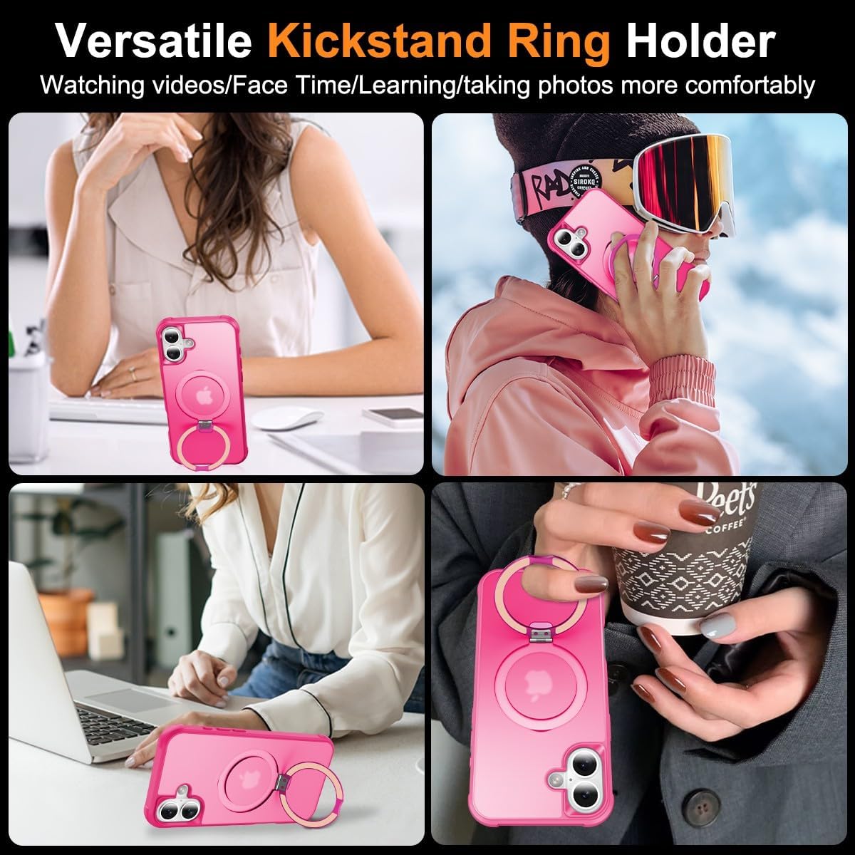 Magnetic Invisible Ring for iPhone 16 Case, [Compatible with MagSafe], [Military Grade Shockproof], Slim Shockproof Translucent Matte Protective Phone Cover for iPhone 16, Hot Pink
