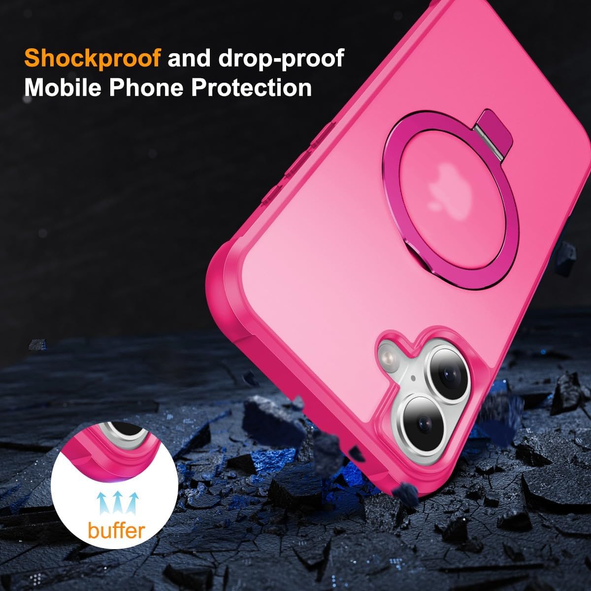 Magnetic Invisible Ring for iPhone 16 Case, [Compatible with MagSafe], [Military Grade Shockproof], Slim Shockproof Translucent Matte Protective Phone Cover for iPhone 16, Hot Pink