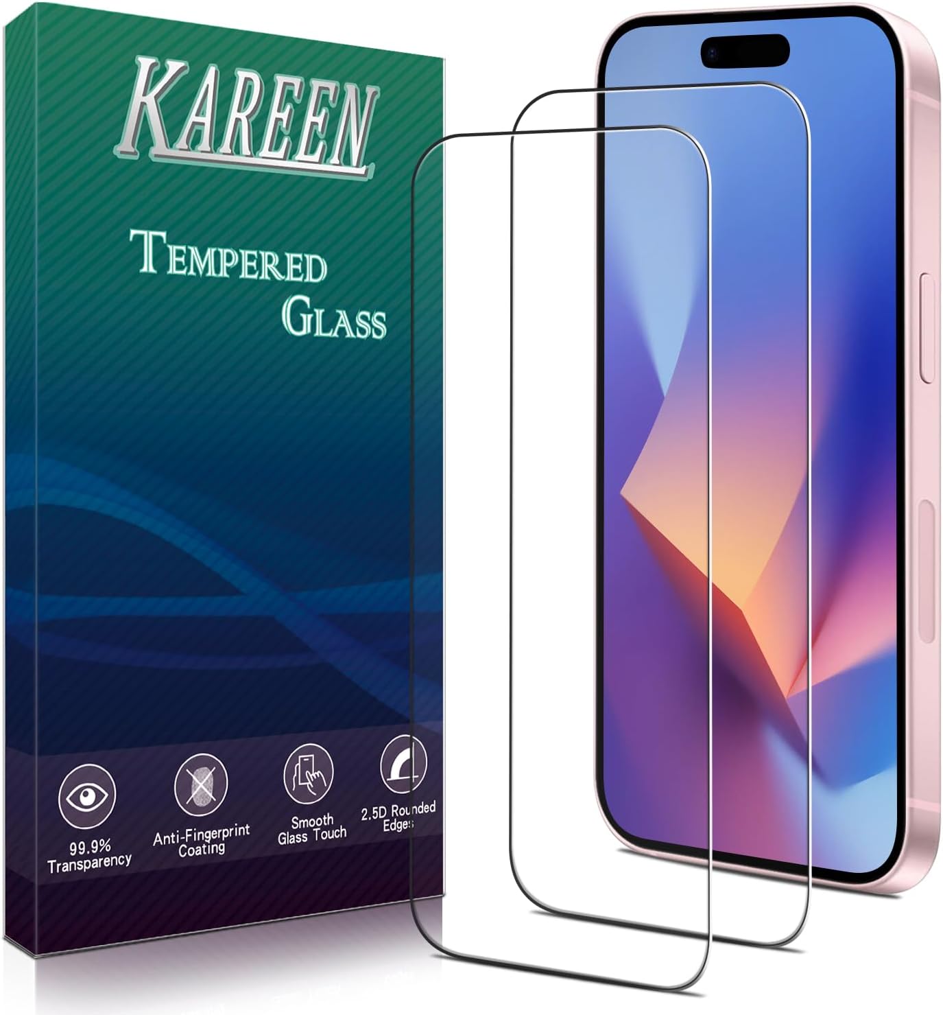 KAREEN [Lot de 2 films de protection d'écran pour iPhone 16 en verre trempé, anti-rayures, sans bulles, dureté 9H, facile à installer