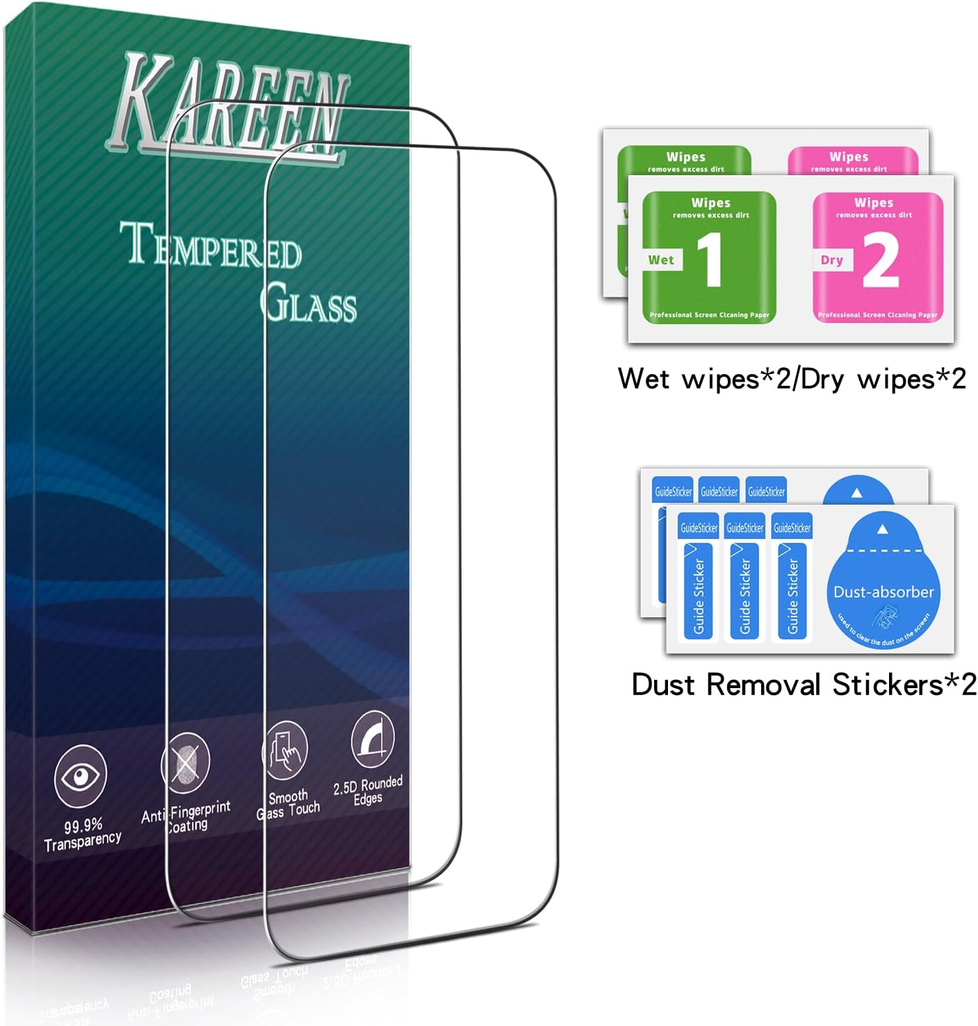 KAREEN [Lot de 2 films de protection d'écran pour iPhone 16 en verre trempé, anti-rayures, sans bulles, dureté 9H, facile à installer