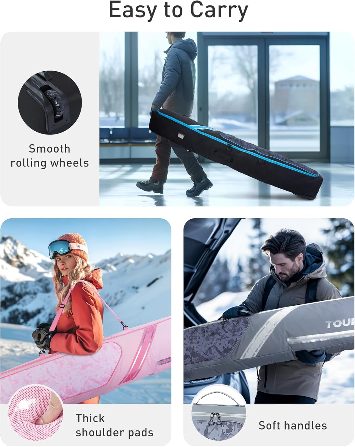 TOURIT Rolling Ski Bag and Ski Boot Bag Combo - Fully Padded Ski Bag with Wheels for Air Travel, Water-Resistant 900D Oxford Fabric, Foldable Wheeled Ski Bag Holds 2 Pairs of Skis (195cm) · v2