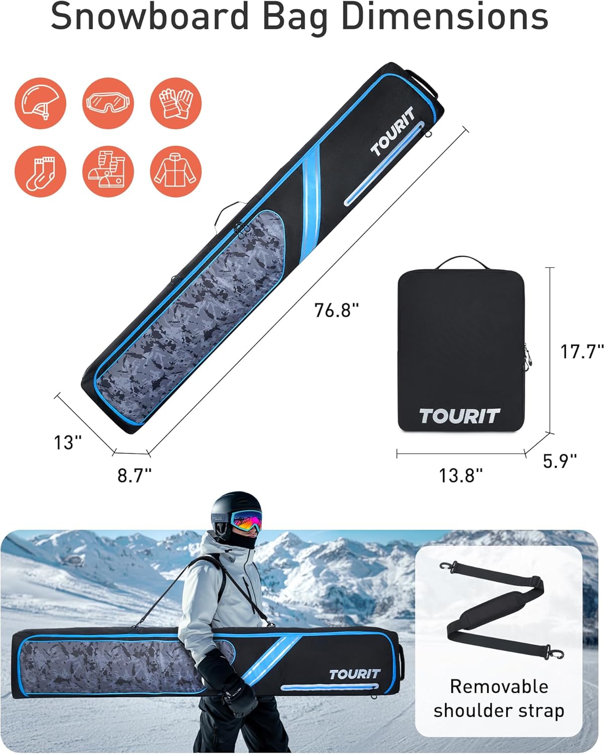 TOURIT Rolling Ski Bag and Ski Boot Bag Combo - Fully Padded Ski Bag with Wheels for Air Travel, Water-Resistant 900D Oxford Fabric, Foldable Wheeled Ski Bag Holds 2 Pairs of Skis (195cm) · v2
