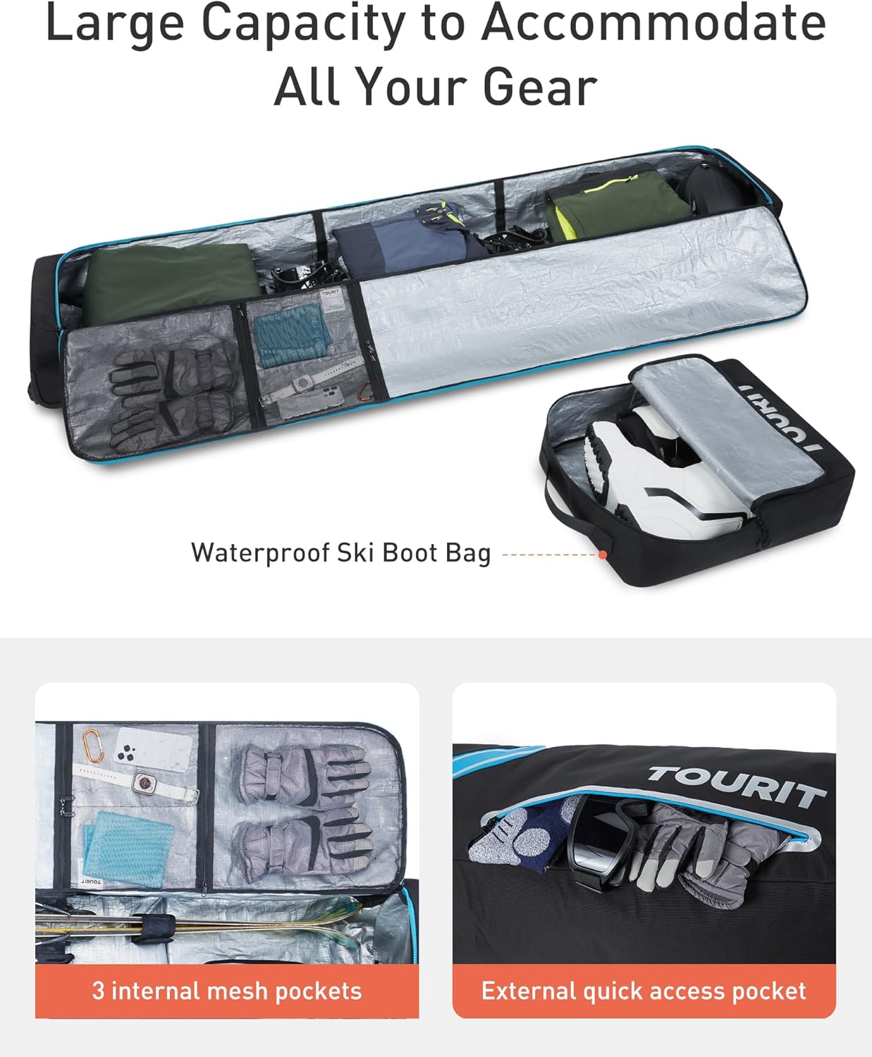 TOURIT Rolling Ski Bag and Ski Boot Bag Combo - Fully Padded Ski Bag with Wheels for Air Travel, Water-Resistant 900D Oxford Fabric, Foldable Wheeled Ski Bag Holds 2 Pairs of Skis (195cm) · v2