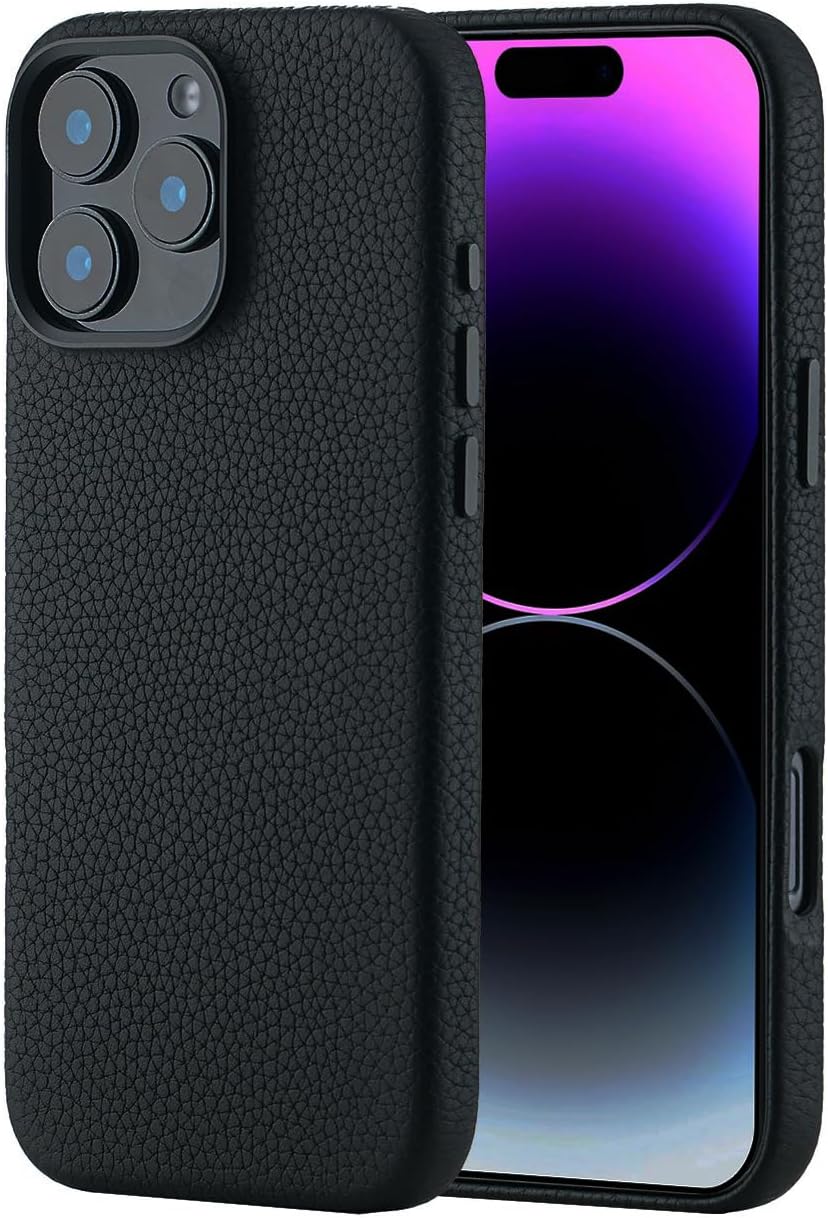 Leather Case for iPhone 16 Pro Max Case Compatible with MagSafe- Stylish Litchi Top Grain Cowhide Genuine Leather Phone Case with Protective Soft Lining, Metal Buttons  Camera Frame, 6.9 Inch