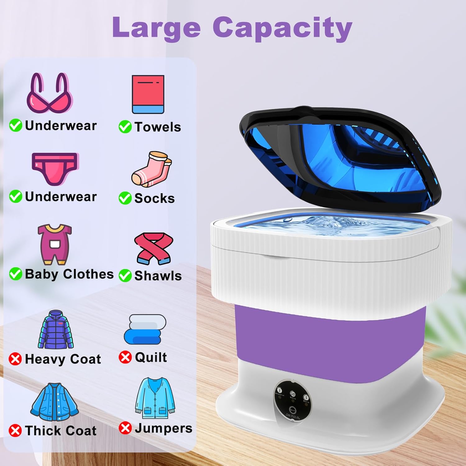 เครื่องซักผ้าพกพา ความจุขนาดใหญ่ 12 ลิตร 60 วัตต์ เครื่องซักผ้าและอบผ้าขนาดเล็กพับได้ เครื่องซักผ้าขนาดเล็กพับได้กะทัดรัด ถุงเท้า เสื้อผ้าเด็ก ชุดชั้นใน ผ้าเช็ดตัว หอพัก แคมป์ปิ้ง อพาร์ทเมนท์ รถบ้าน สีม่วง