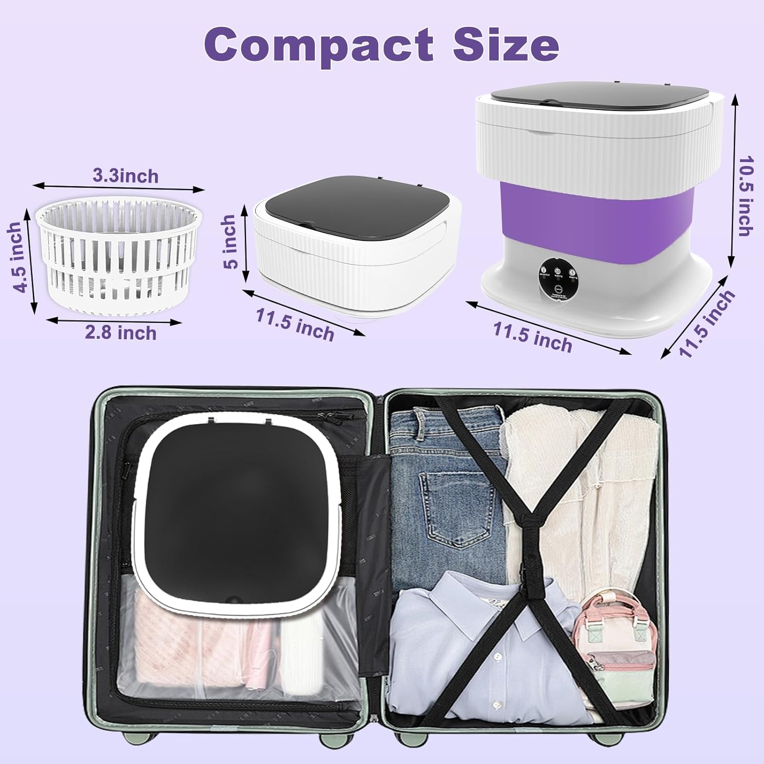 เครื่องซักผ้าพกพา ความจุขนาดใหญ่ 12 ลิตร 60 วัตต์ เครื่องซักผ้าและอบผ้าขนาดเล็กพับได้ เครื่องซักผ้าขนาดเล็กพับได้กะทัดรัด ถุงเท้า เสื้อผ้าเด็ก ชุดชั้นใน ผ้าเช็ดตัว หอพัก แคมป์ปิ้ง อพาร์ทเมนท์ รถบ้าน สีม่วง