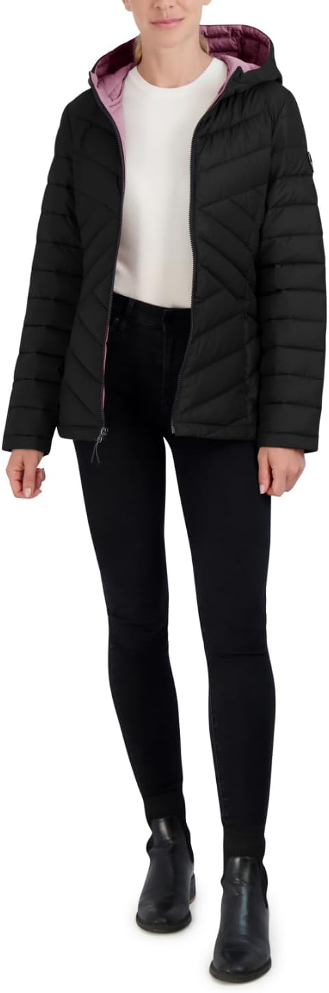 Nautica Womens Short Stretch Lightweight Puffer Jacket with Removeable Hood · v10