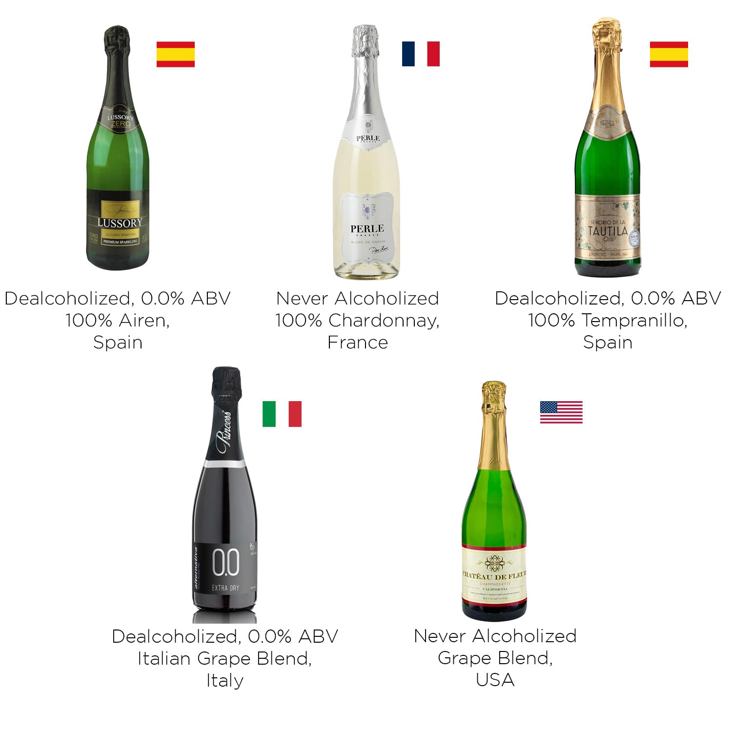 Top Five (5) Non-Alcoholic Sparkling Sampler (France | Italy | Spain | USA) Featuring Lussory Brut, Perle Blanc, Tautila Espumoso, Princess Bollicine Extra Dry, Chateau de Fleur (Tasting Party) · v4