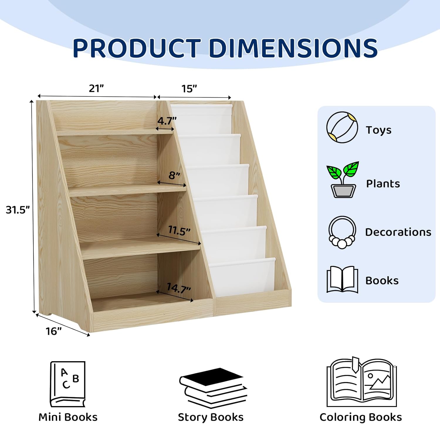 KIDINIX 5 Tier Kids Bookshelf with Storage,Toddler Book Display Shelves,Wooden Children Book Rack, Montessori Kids Story Book, Painting Book Organizer, Suit for Kids Room, Nursery,Living Room, White · v6
