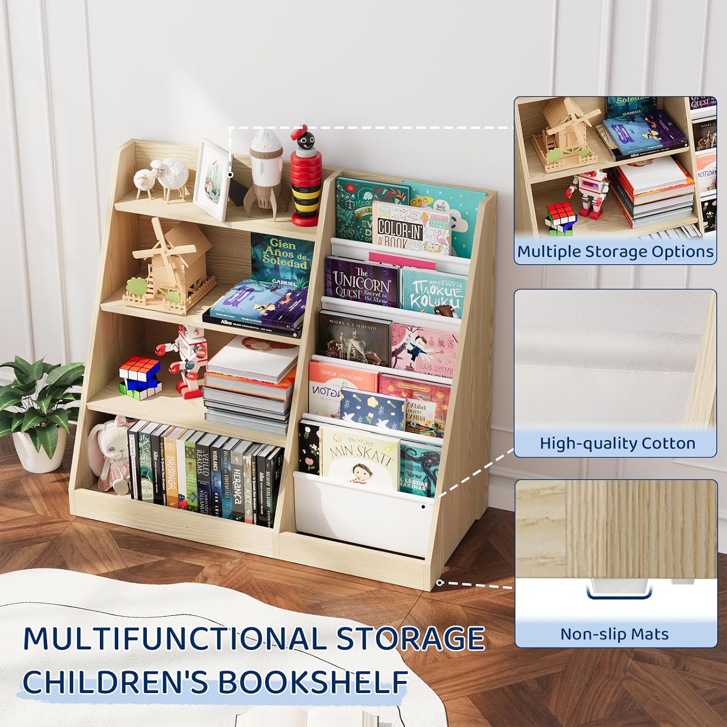 KIDINIX 5 Tier Kids Bookshelf with Storage,Toddler Book Display Shelves,Wooden Children Book Rack, Montessori Kids Story Book, Painting Book Organizer, Suit for Kids Room, Nursery,Living Room, White · v6