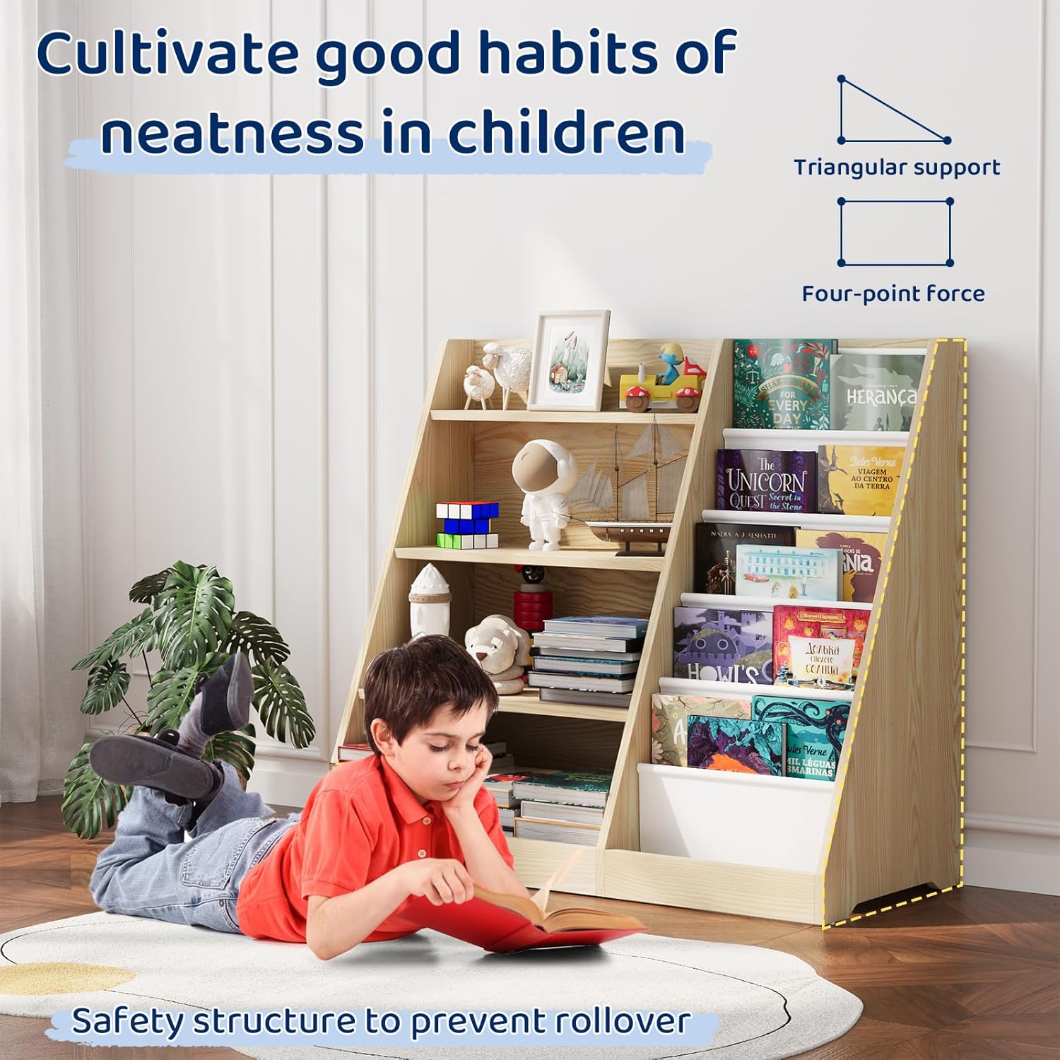 KIDINIX 5 Tier Kids Bookshelf with Storage,Toddler Book Display Shelves,Wooden Children Book Rack, Montessori Kids Story Book, Painting Book Organizer, Suit for Kids Room, Nursery,Living Room, White · v6