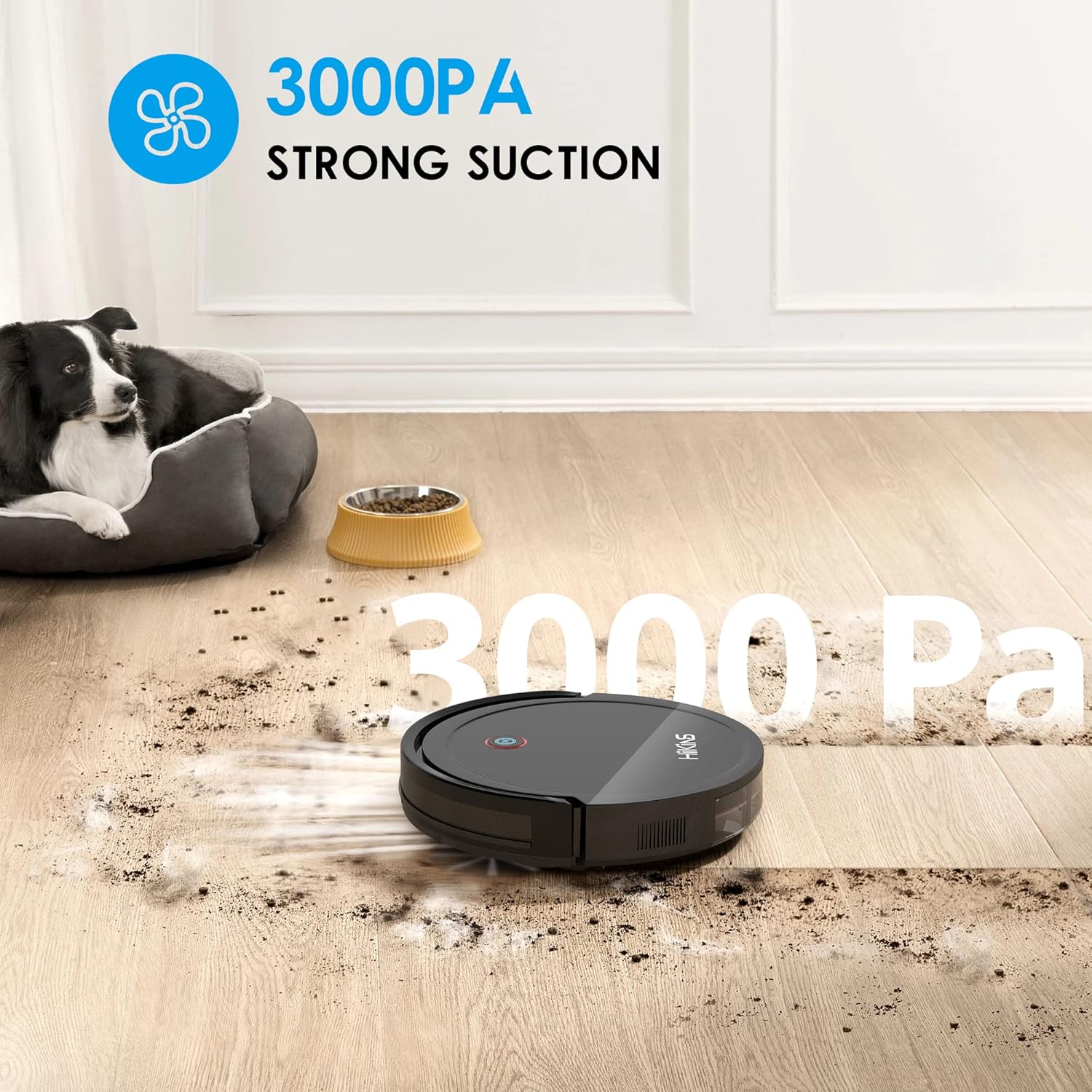 Aspirapolvere robotici, app di supporto per aspirapolvere robot automatici ad aspirazione forte da 3000 Pa, robot spazzante a ricarica automatica ideale per peli di animali domestici, tappeti a pelo medio per pavimenti duri, neri