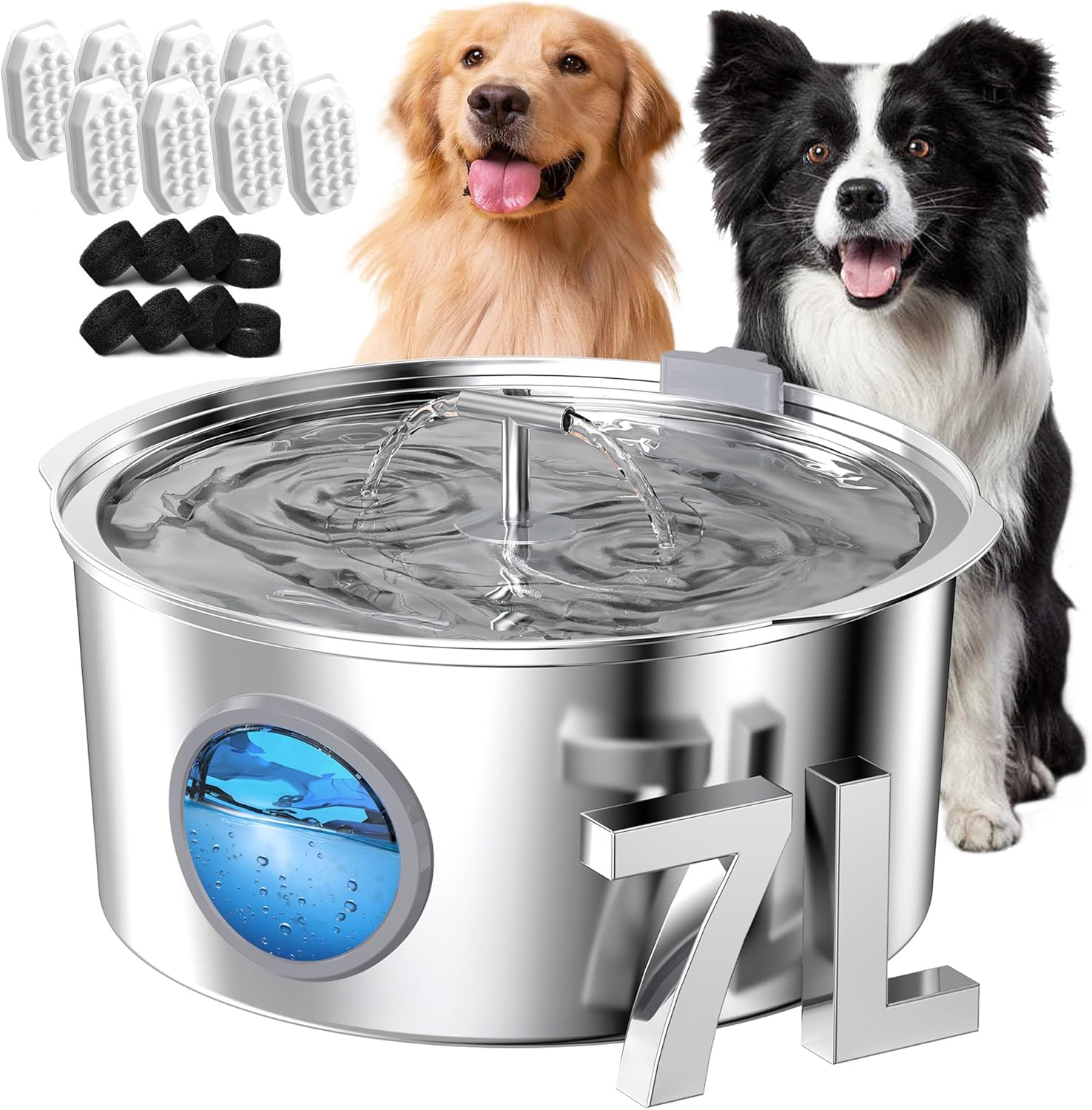 Fontana d'acqua per cani da 7 l/1,8 gall/236 once per cani di grossa taglia - Dispenser automatico per animali domestici in acciaio inossidabile con 8 filtri, fontanelle silenziose per interni per animali domestici, ciotole d'acqua in metallo per cani e gatti
