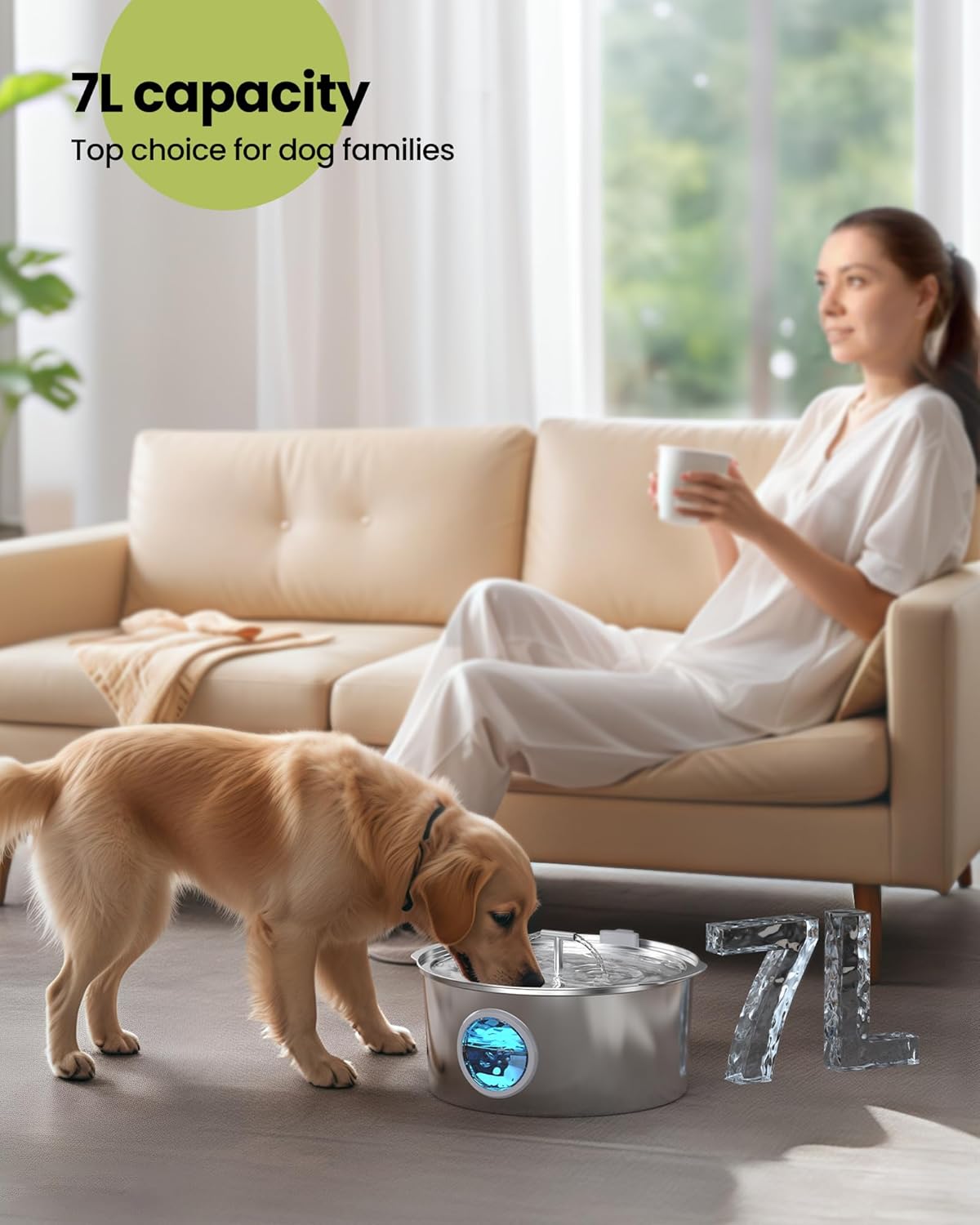 Fontana d'acqua per cani da 7 l/1,8 gall/236 once per cani di grossa taglia - Dispenser automatico per animali domestici in acciaio inossidabile con 8 filtri, fontanelle silenziose per interni per animali domestici, ciotole d'acqua in metallo per cani e gatti