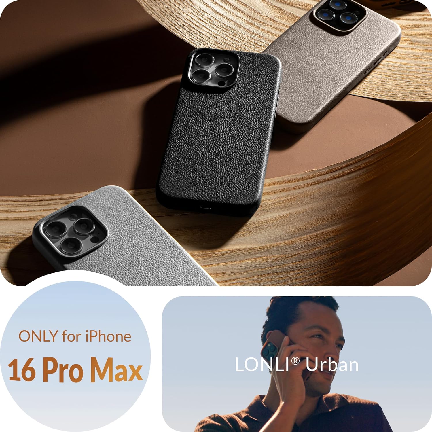 LONLI Urban - Étui en cuir pour iPhone 16 Pro Max - Étui de téléphone européen en cuir grainé véritable - Élégance européenne, design moderne - [Compatible avec Magsafe] - Noir
