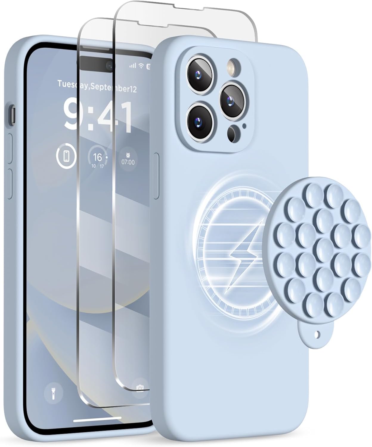 Magnetic for iPhone 14 Pro Max Case, Compatible with MagSafe, [Full Camera Protection][2 Screen Protectors], Suction Cup Phone Mount Silicone Shockproof Protective Phone Case 6.7, Baby Blue · v2