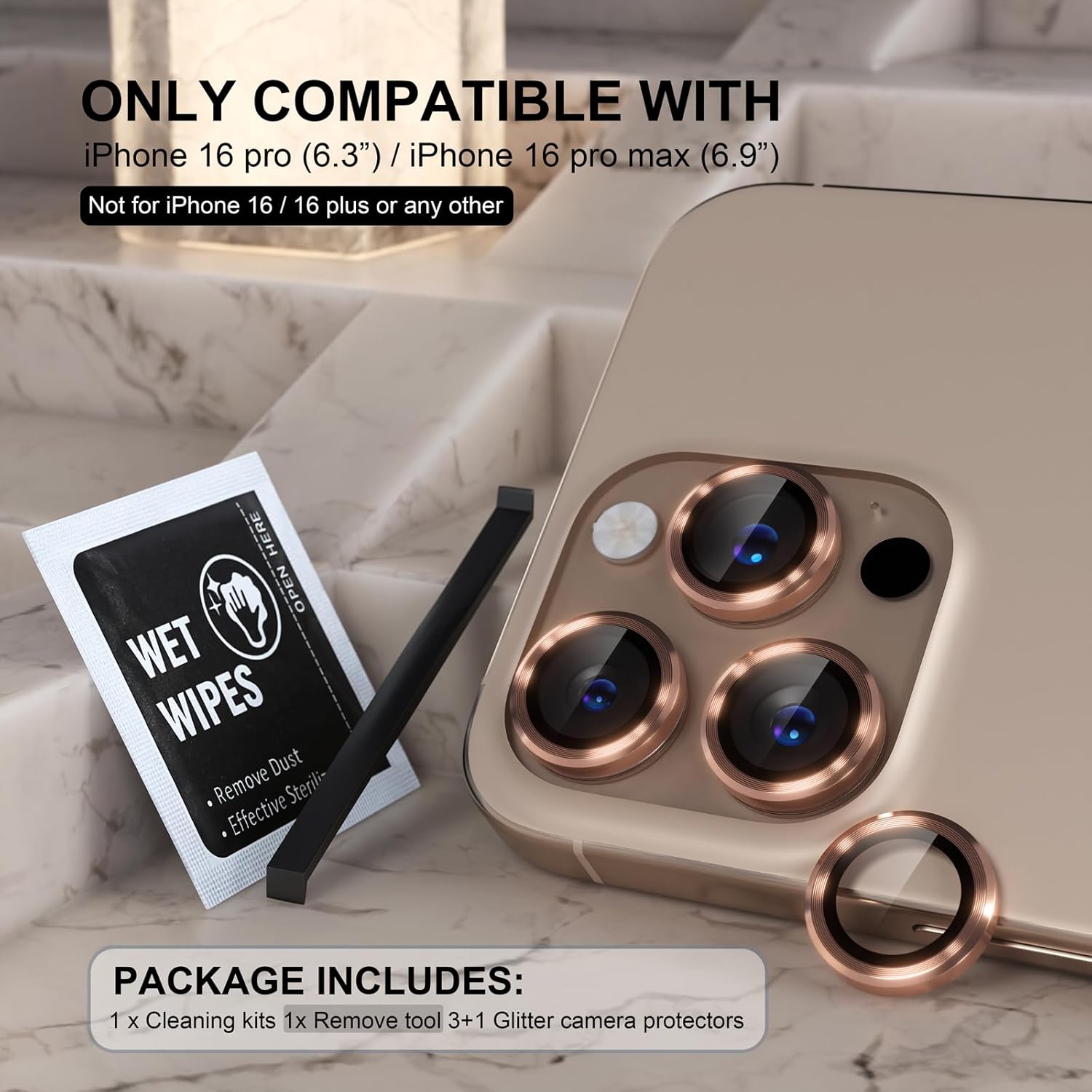 واقي عدسة الكاميرا من Choiche متوافق مع iPhone 16 Pro/iPhone 16 Pro Max، غطاء كاميرا من الزجاج المقوى 9H، واقي شاشة، ملحقات تزيين بحلقة معدنية (تيتانيوم صحراوي)