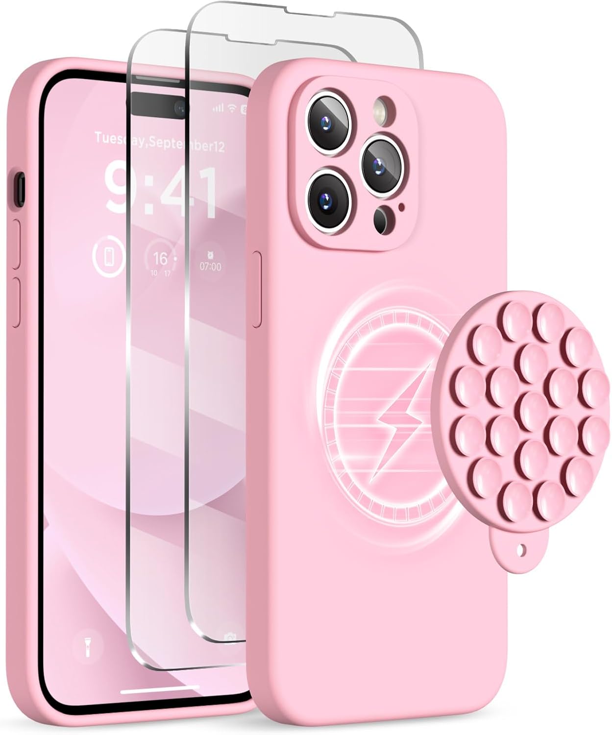 Magnetic for iPhone 14 Pro Max Case, Compatible with MagSafe, [Full Camera Protection][2 Screen Protectors], Suction Cup Phone Mount Silicone Shockproof Protective Phone Case 6.7, Pink