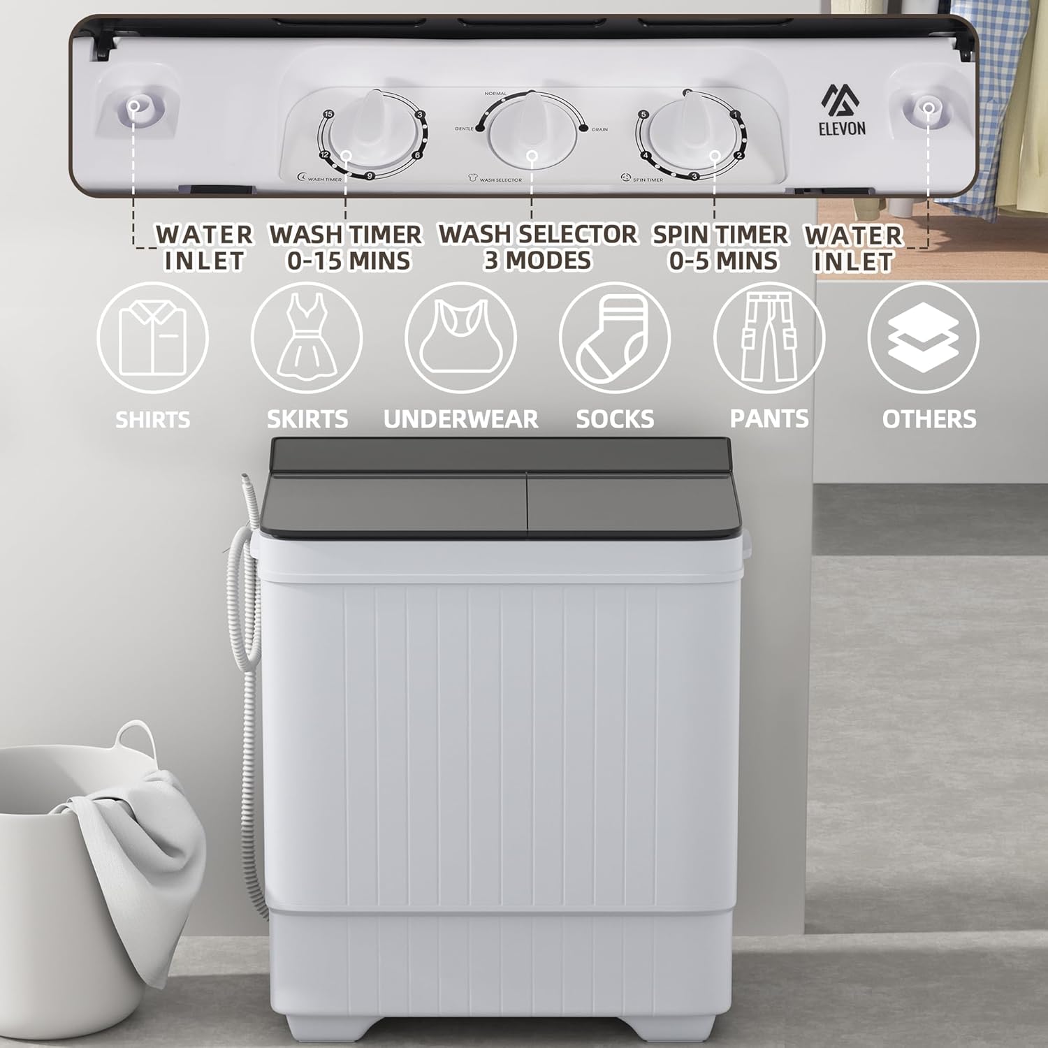 Elevon XPB65-2088S, QD-EL-6.5PWM Mesin cuci portabel, abu-abu putih