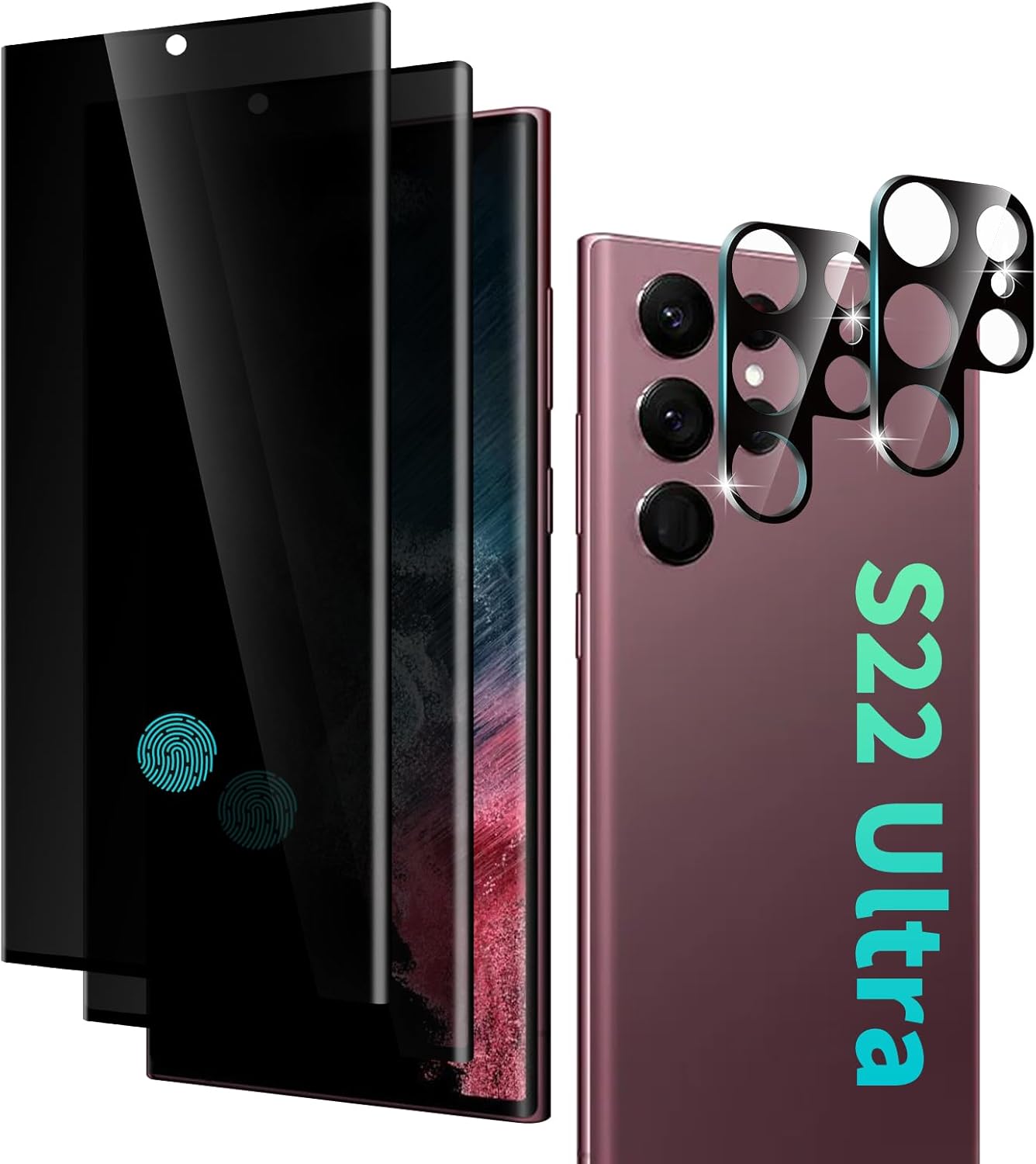 [Lot de 2] Protecteur d'écran Ultra Privacy pour Galaxy S22, protecteur d'objectif d'appareil photo, [incurvé en 3D] [Dureté 9H] [Support des empreintes digitales à ultrasons], verre trempé anti-espion pour Samsung Galaxy S22 Ultra 5G