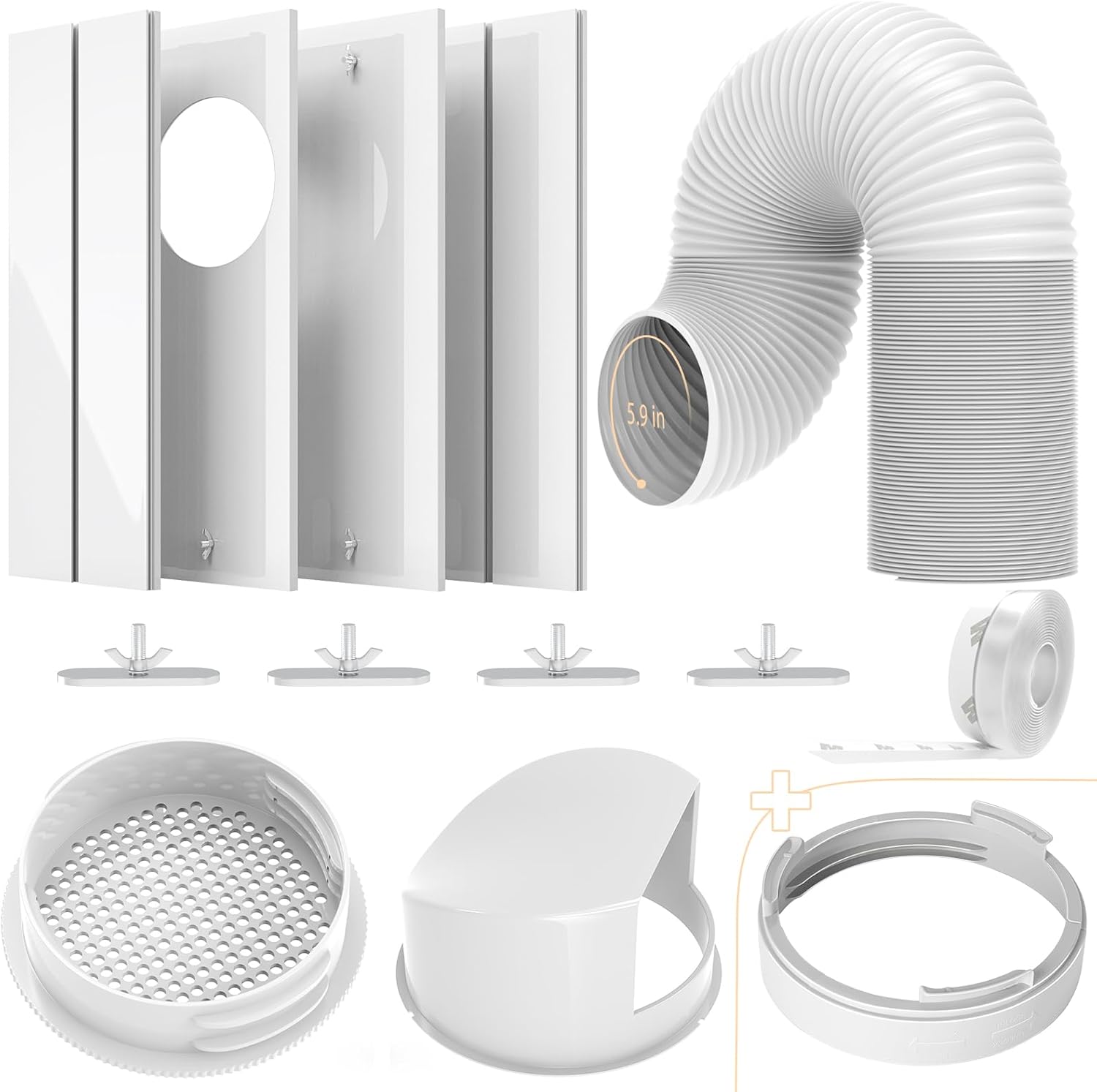 E-SDS Portable Air Conditioner Window Kit with 5.9” Diameter 78 Length Exhaust Hose  5.9" AC Unit to Hose Coupler