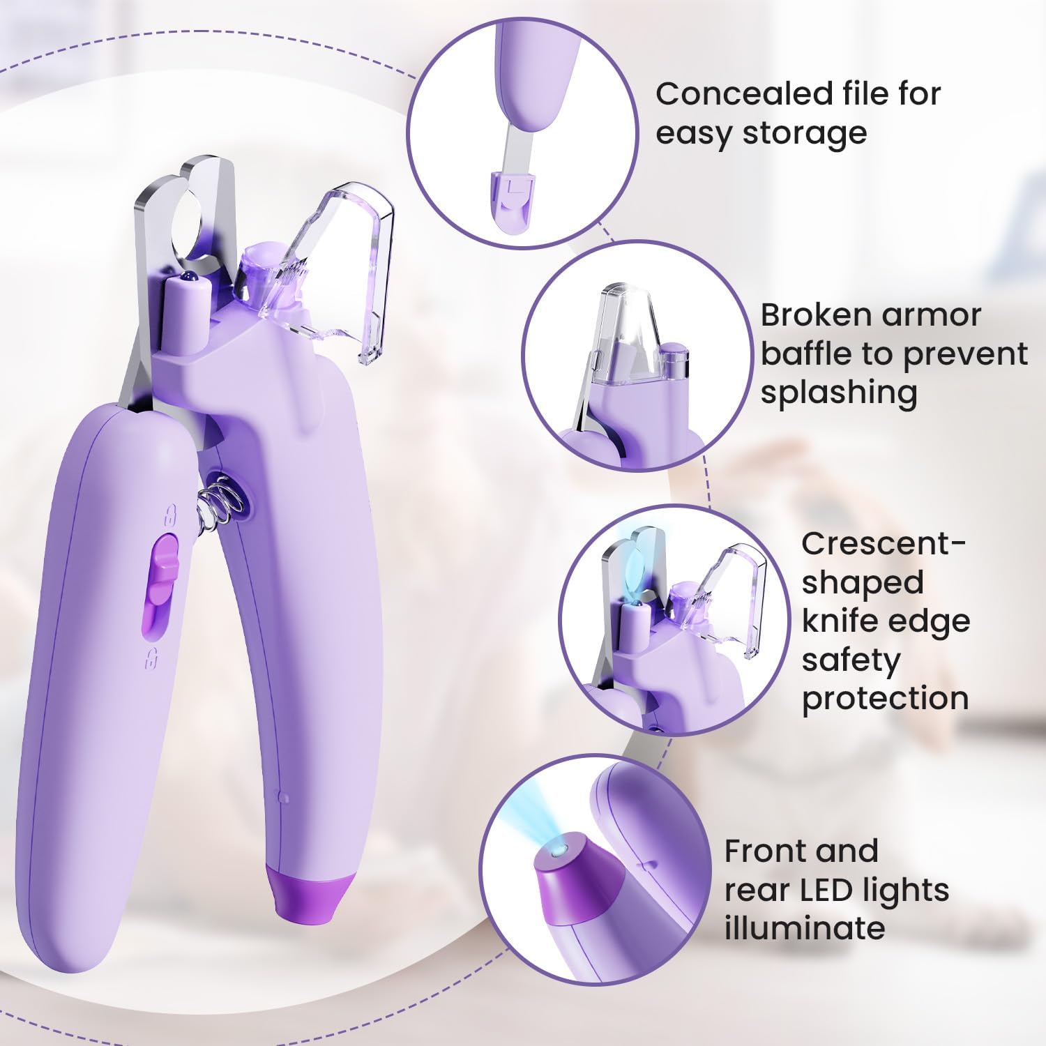 Dog  Cat Nail Clippers,Dog Nail Trimmers with 2 LED Lights, Powerful Safety Guard and Nail File to Avoid Over Cutting，Easily illuminate the bloodline,Suitable for Large to Medium Dogs, Cats purple-1 · v5