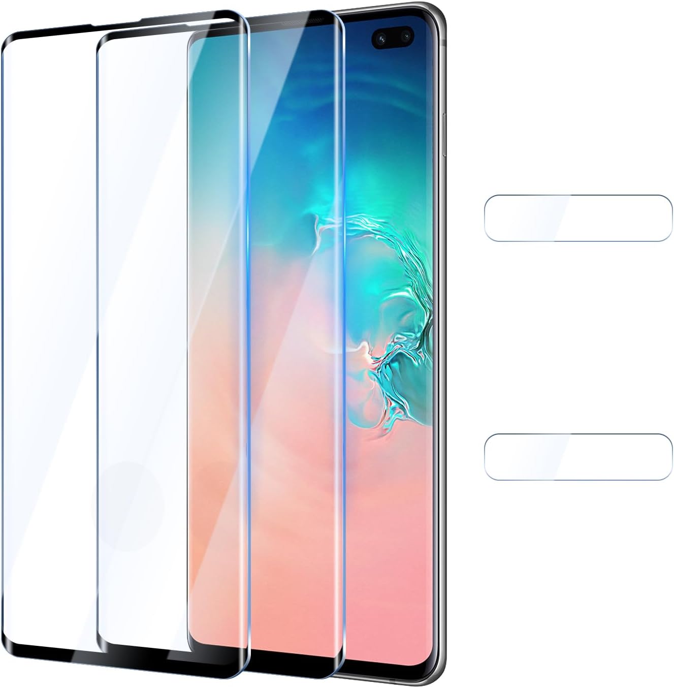 Lot de 2 protecteurs d'écran pour Samsung Galaxy S10/S10 Plus 6,4 pouces avec 2 protecteurs d'objectif d'appareil photo, film en verre trempé incurvé 3D anti-rayures, dureté 9H, transparent HD, compatible avec les étuis