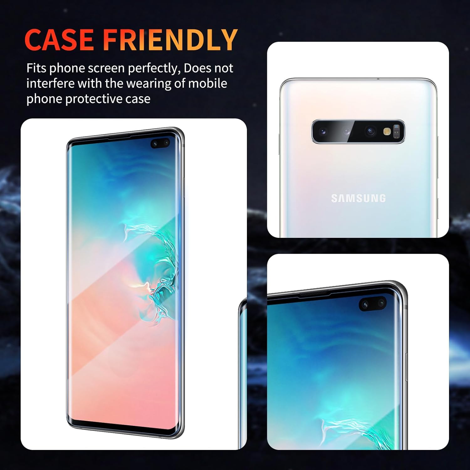 Lot de 2 protecteurs d'écran pour Samsung Galaxy S10/S10 Plus 6,4 pouces avec 2 protecteurs d'objectif d'appareil photo, film en verre trempé incurvé 3D anti-rayures, dureté 9H, transparent HD, compatible avec les étuis