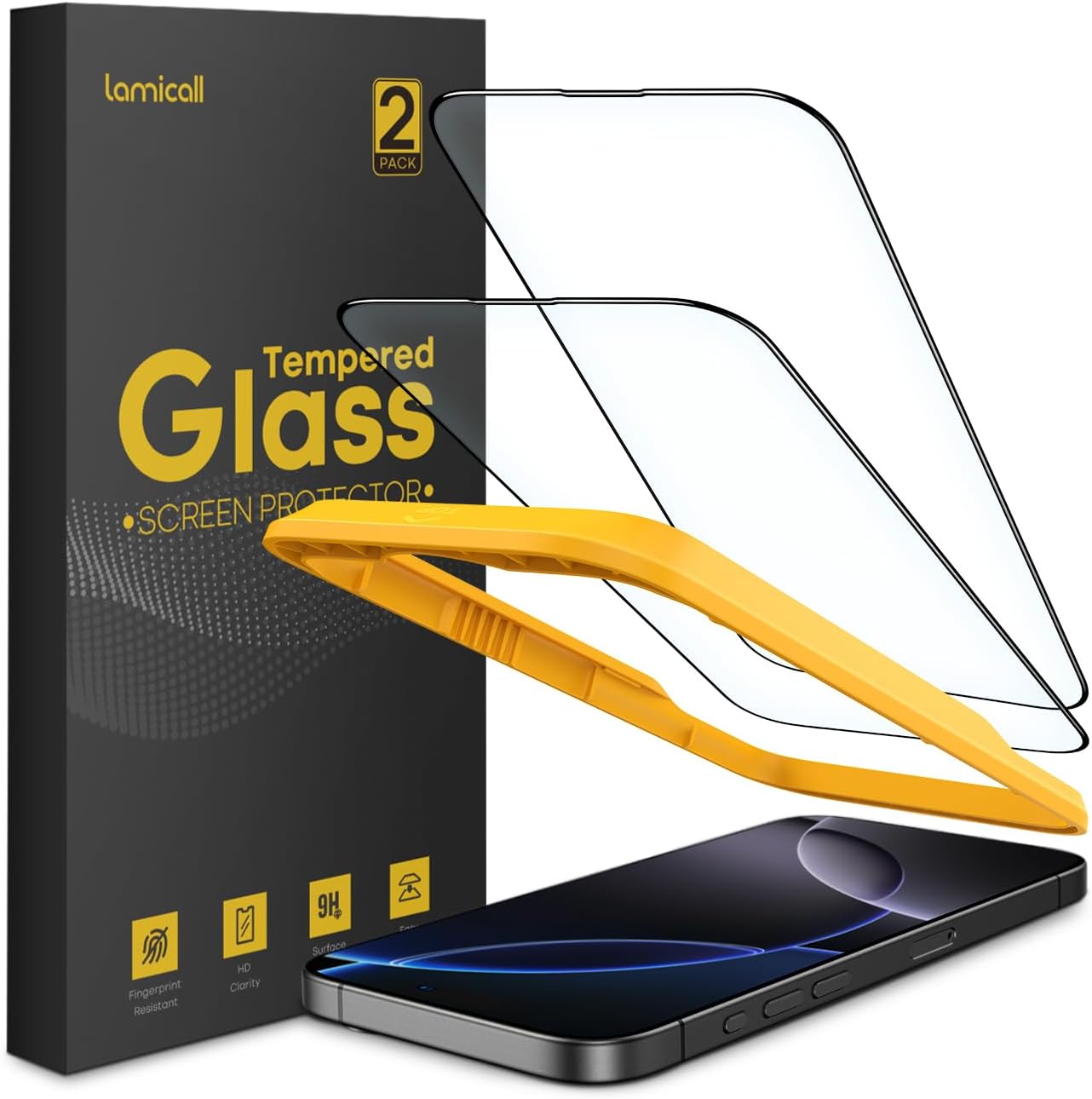 Protecteur d'écran Lamicall pour iPhone 16 Pro Max (6,9), [Film en verre trempé Top 9H], cadre facile à aligner, résistant aux empreintes digitales, 0 bulles, HD Clear pour iPhone 16 Pro Max, verre trempé - [Lot de 2]