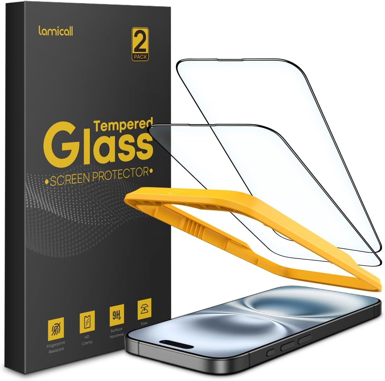 Lamicall Displayschutz für iPhone 16/15 (6.1), [Top 9H Hartglasfolie], einfach ausrichtbarer Rahmen, resistent gegen Fingerabdrücke, keine Blasen, HD Clear für iPhone 16, gehärtetes Glas — [2er-Pack]