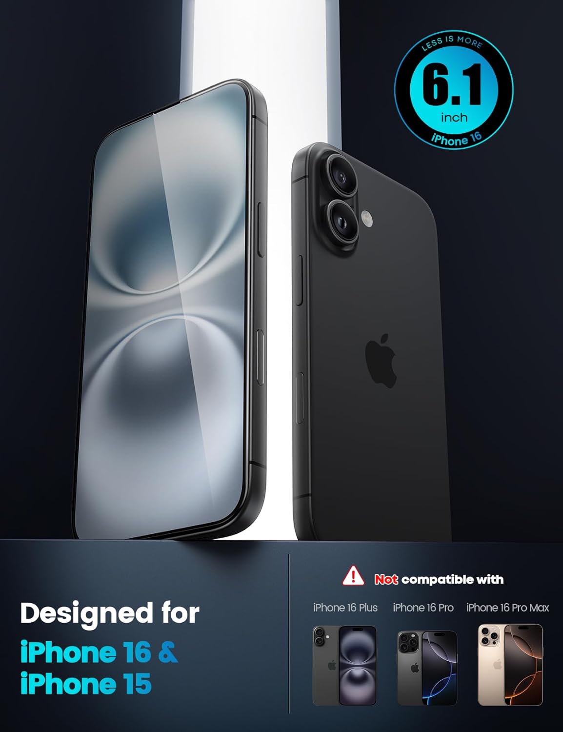 Lamicall Displayschutz für iPhone 16/15 (6.1), [Top 9H Hartglasfolie], einfach ausrichtbarer Rahmen, resistent gegen Fingerabdrücke, keine Blasen, HD Clear für iPhone 16, gehärtetes Glas — [2er-Pack]