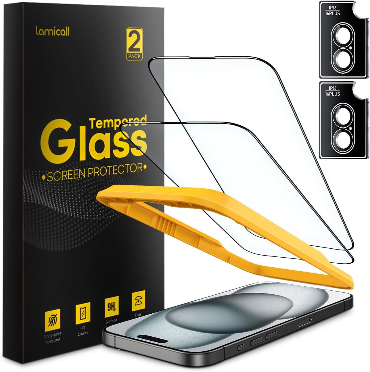 Lamicall 2 2 for iPhone 16 Plus Max Screen Protector (6.7) with Camera Lens Protector, [Top 9H Tempered Glass Film], Easy Alignment, Anti-Scratch, 0 Bubbles, HD Clear for iPhone 16 Plus - 2 Pack Each