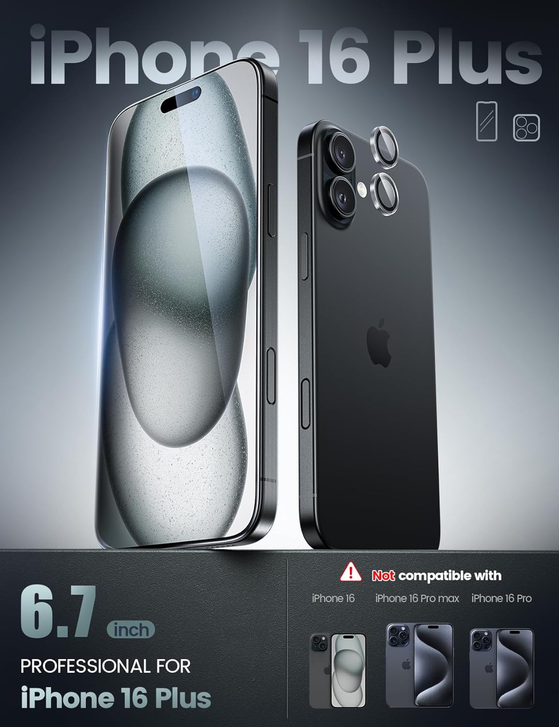 Lamicall 2 2 for iPhone 16 Plus Max Screen Protector (6.7) with Camera Lens Protector, [Top 9H Tempered Glass Film], Easy Alignment, Anti-Scratch, 0 Bubbles, HD Clear for iPhone 16 Plus - 2 Pack Each