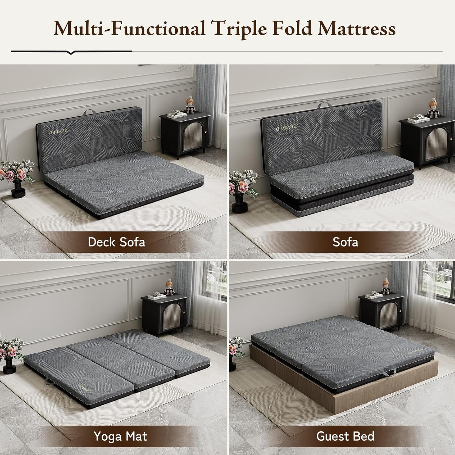 Tri Folding Mattress Queen Size - Memory Foam Tri-fold Mattress, Handle  Non-Slip Bottom, Portable Foldable Sofa Bed Floor Mattress Chair for Travel RV Camping Guest Yoga - 4 Inch, 78x58"x4" · v3