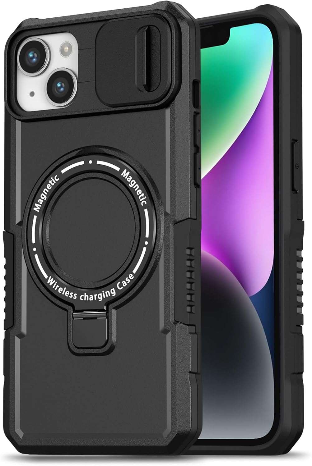 for iPhone 14 Case with Camera Slide Cover [ Compatible with MagSafe ] with Magnetic Ring Kickstand, Military Grade Heavy Duty Case for iPhone 14 6.1', Black · v2