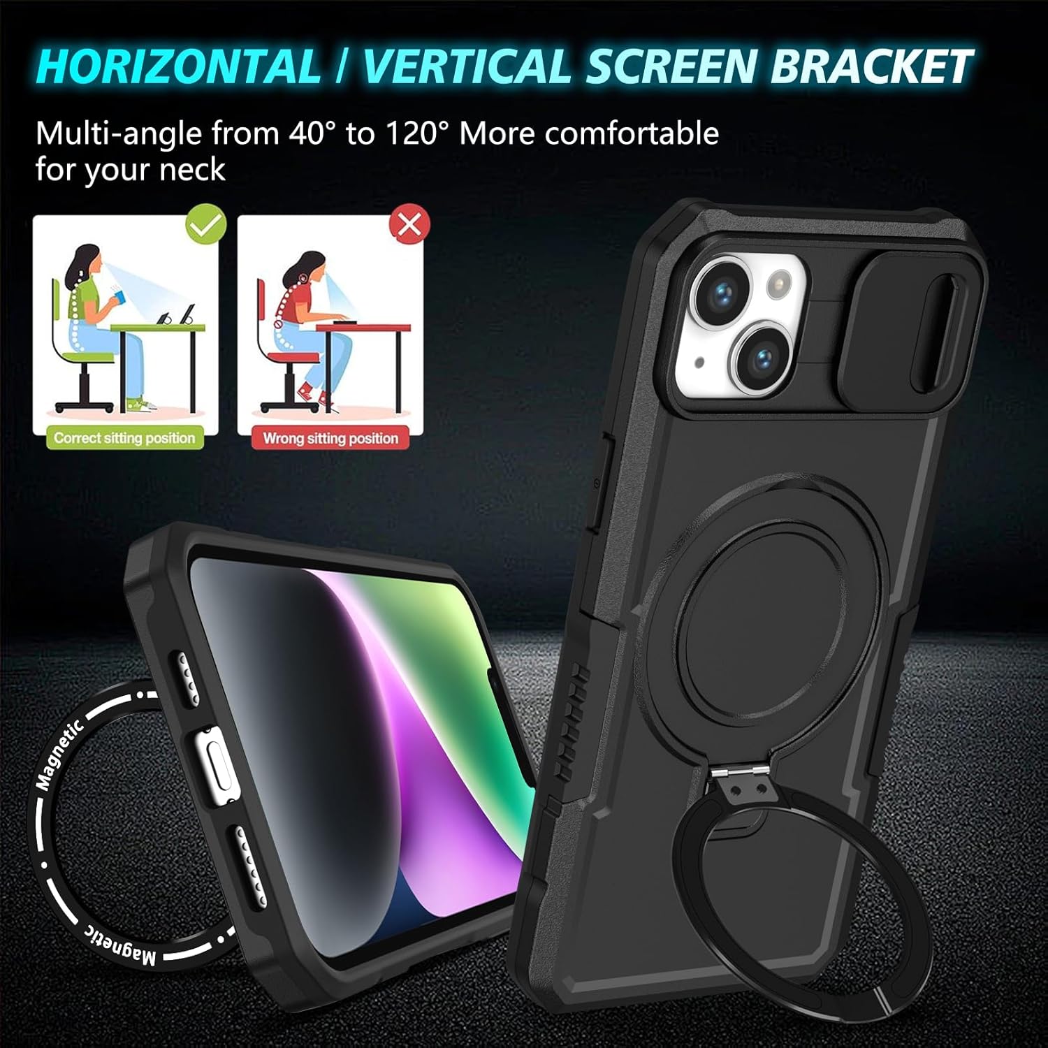 for iPhone 14 Case with Camera Slide Cover [ Compatible with MagSafe ] with Magnetic Ring Kickstand, Military Grade Heavy Duty Case for iPhone 14 6.1', Black · v2