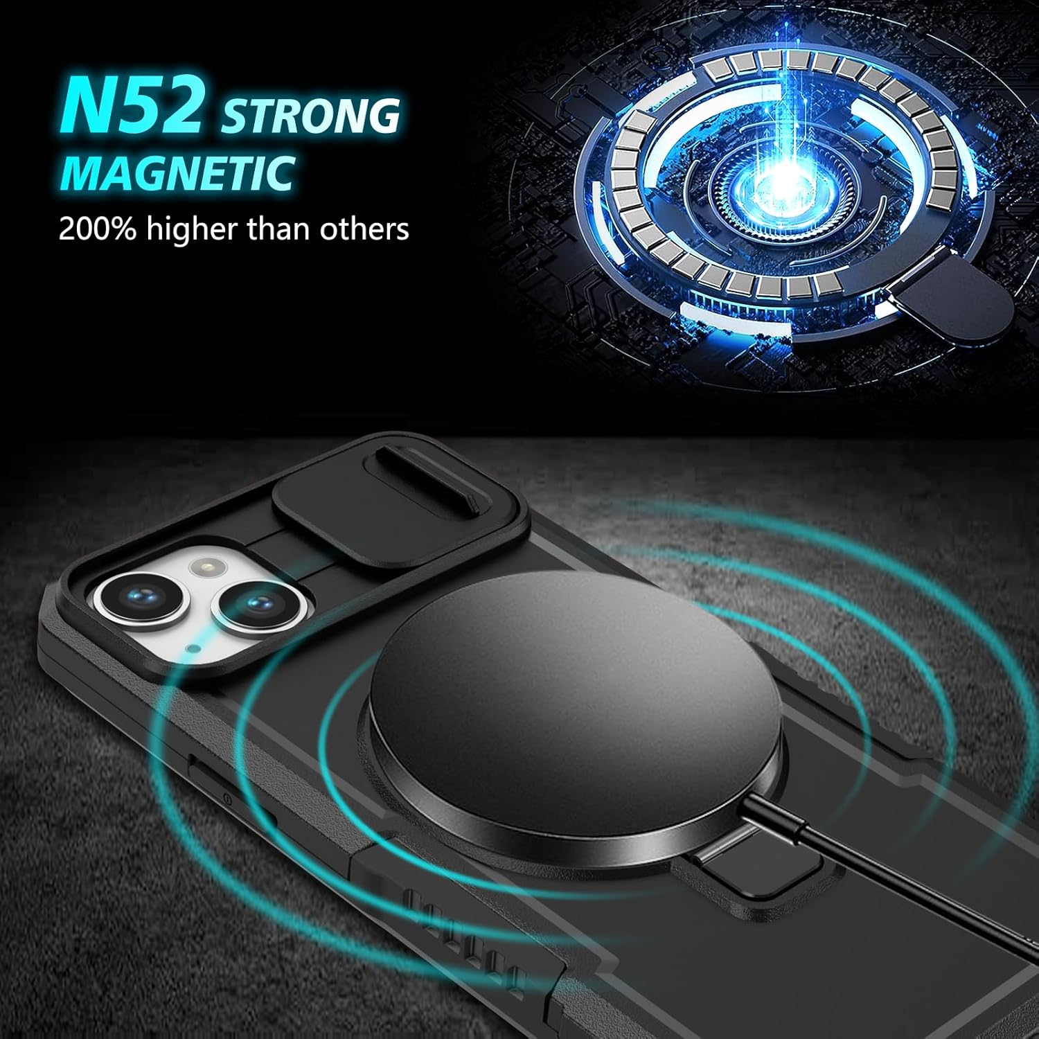 for iPhone 14 Case with Camera Slide Cover [ Compatible with MagSafe ] with Magnetic Ring Kickstand, Military Grade Heavy Duty Case for iPhone 14 6.1', Black · v2
