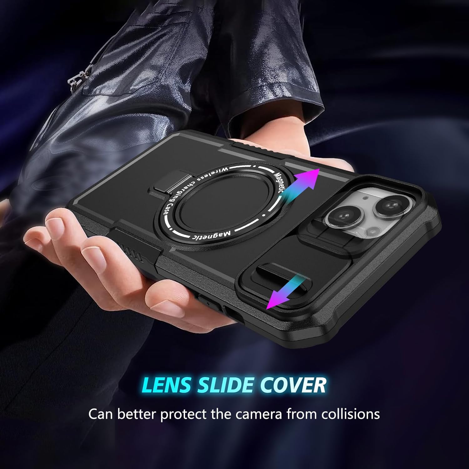 for iPhone 14 Case with Camera Slide Cover [ Compatible with MagSafe ] with Magnetic Ring Kickstand, Military Grade Heavy Duty Case for iPhone 14 6.1', Black · v2