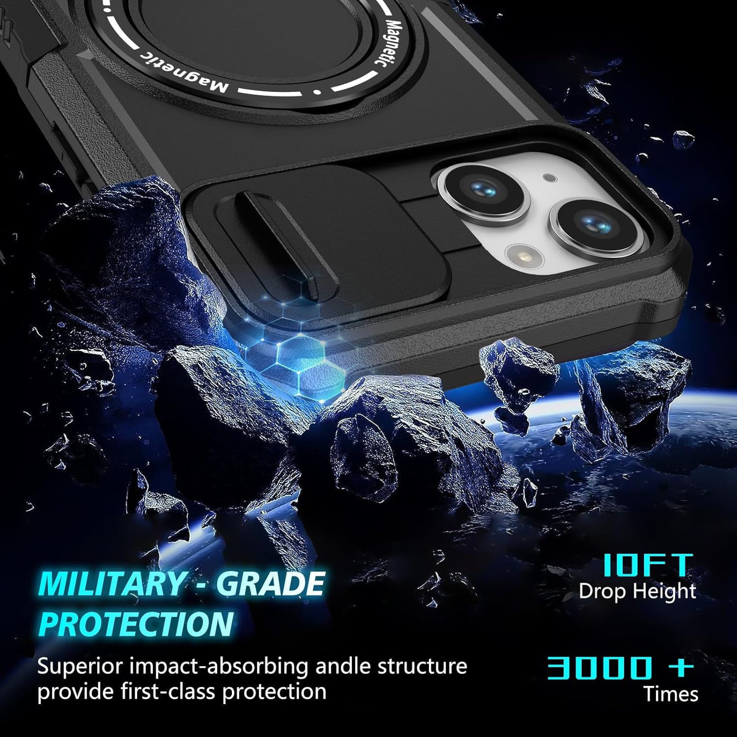 for iPhone 14 Case with Camera Slide Cover [ Compatible with MagSafe ] with Magnetic Ring Kickstand, Military Grade Heavy Duty Case for iPhone 14 6.1', Black · v2