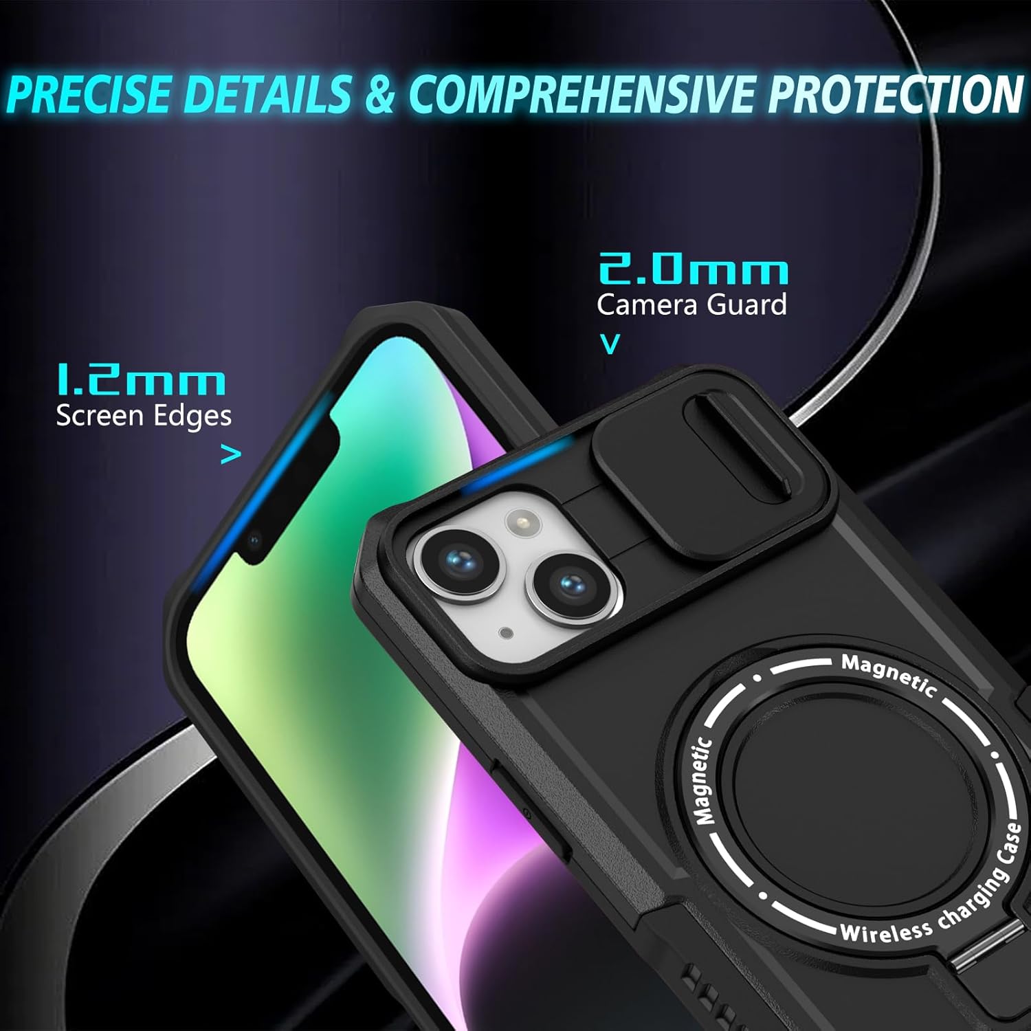 for iPhone 14 Case with Camera Slide Cover [ Compatible with MagSafe ] with Magnetic Ring Kickstand, Military Grade Heavy Duty Case for iPhone 14 6.1', Black · v2