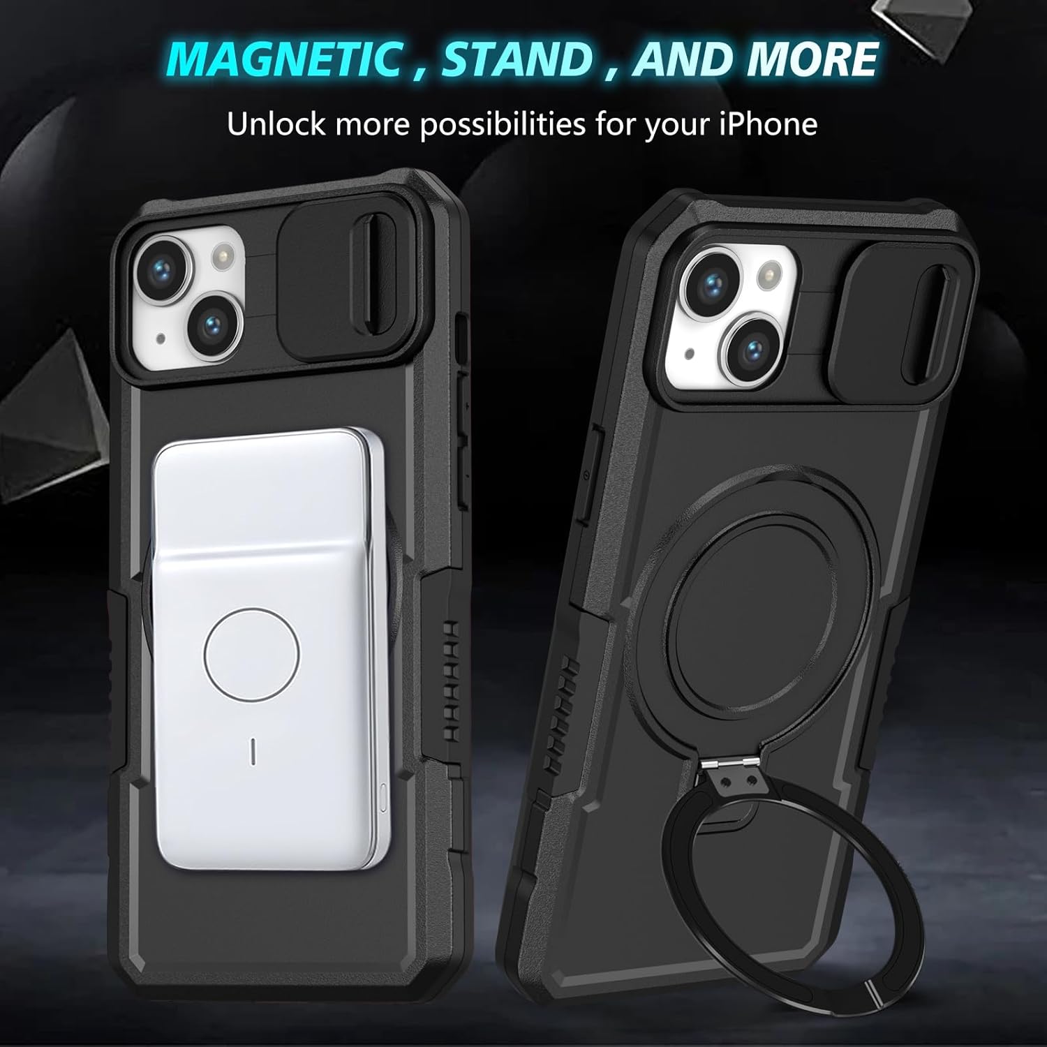 for iPhone 14 Case with Camera Slide Cover [ Compatible with MagSafe ] with Magnetic Ring Kickstand, Military Grade Heavy Duty Case for iPhone 14 6.1', Black · v2