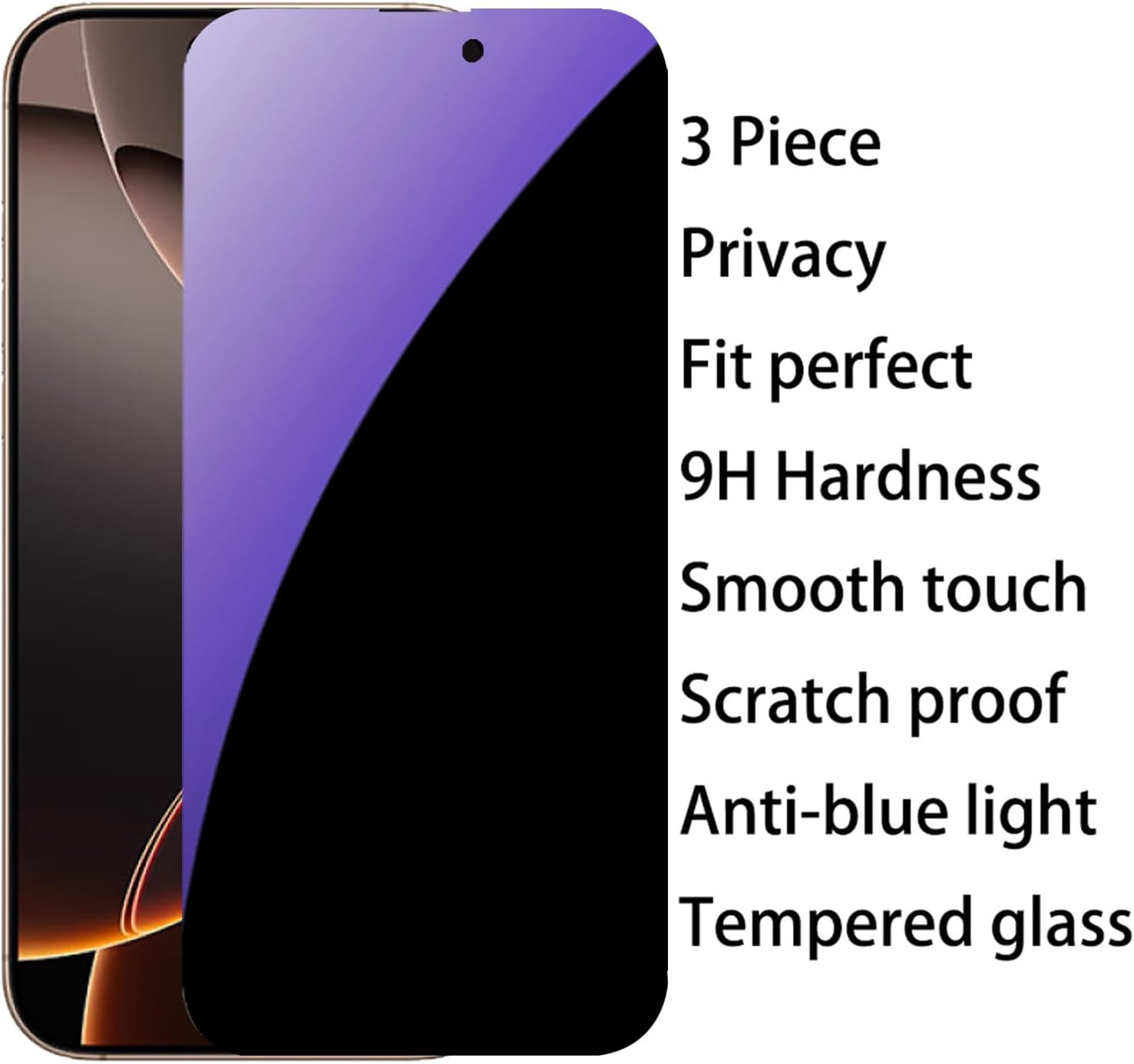 3 PCS Anti-Blue Privacy Tempered Glass for iPhone 16 Pro Anti-Spy Screen Protector Anti-Peeping Film 6.3 inch Blue