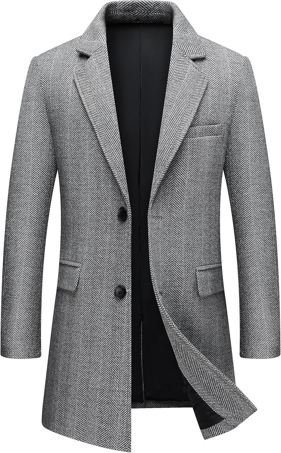 PRIJOUHE Mens Wool Trench Coat Single Breasted Slim Fit Mid-Length Notched Collar Winter Overcoat Quilted Pea Coats
